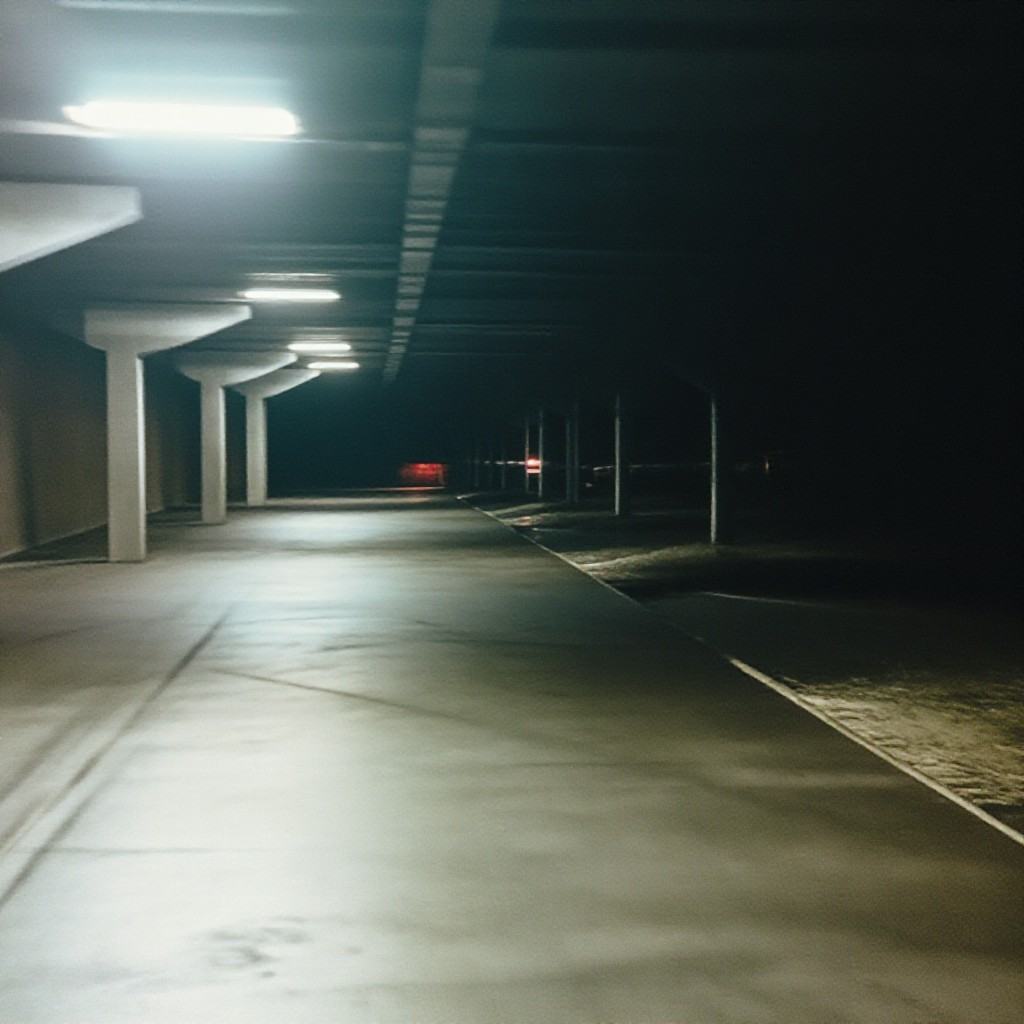 The interior of an empty parking garage at night. Most of the lights aren't working,  so there is only a single line of li...