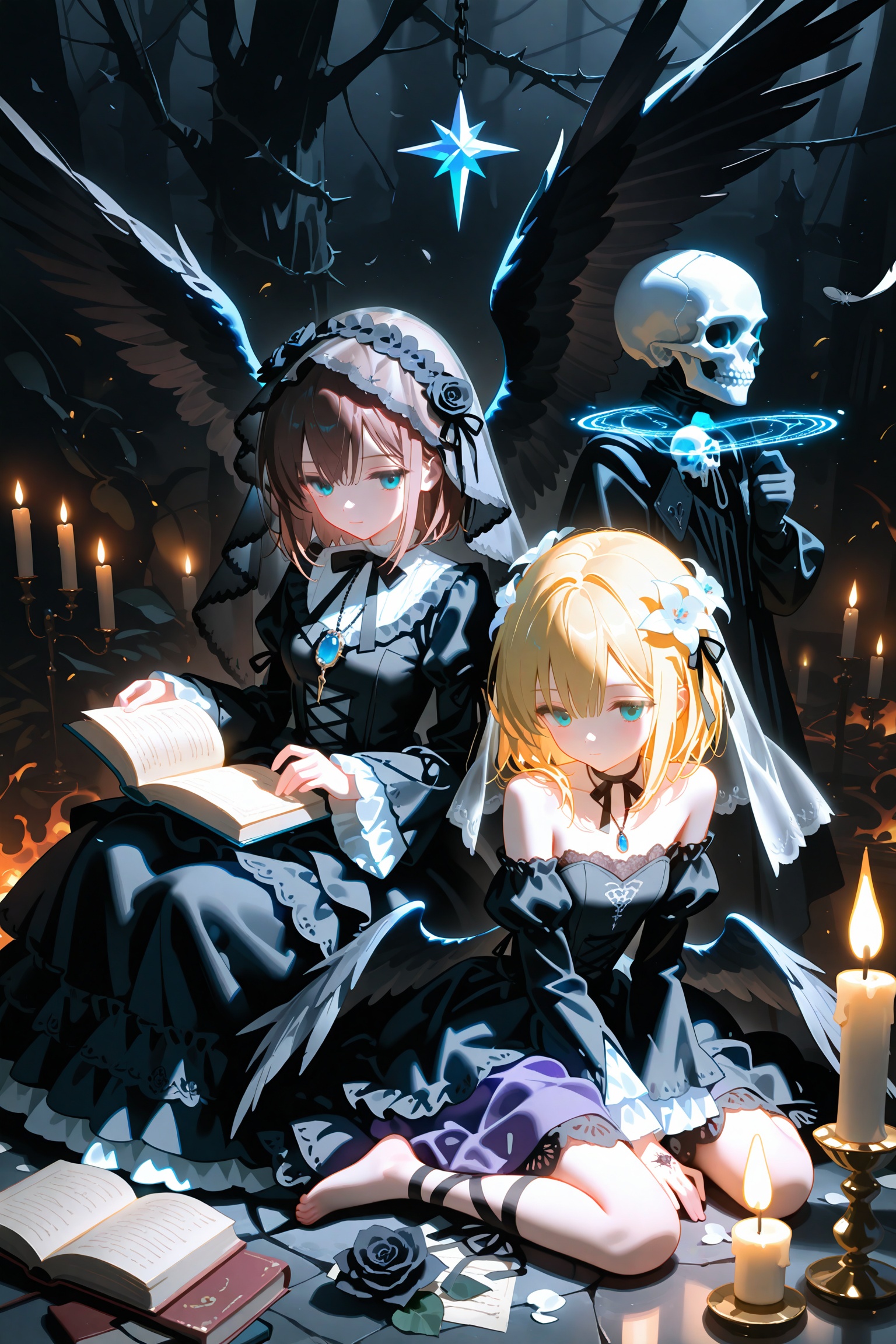 skull,multiple girls,candle,black wings,wings,2girls,dress,book,feathers,flower,blonde hair,veil,black dress,knife,black flower,blue eyes,black rose,open book,album cover,long hair,feathered wings,black veil,hair ornament,holding skull,short hair,choker,holding,candlestand,detached sleeves,looking at viewer,barefoot,black feathers,sitting,puffy sleeves,cover,hair flower,long sleeves,magic circle,smile,bare shoulders,closed mouth,tattoo,rose,tree,fire,star (symbol),copyright name,jewelry,holding knife,necklace,cross,juliet sleeves,white flower,holding book,facial mark,goth fashion,lace,black choker,dagger,strapless,gloves,siblings,beads,strapless dress,magic,leaf,water,lying,gothic lolita,breasts,aqua eyes,wavy hair,chain,feather hair ornament,collarbone,thorns,ribbon,weapon,petals,lily (flower),facial tattoo,wariza,brown hair,purple dress,lace trim,pearl (gemstone),grimoire,lolita fashion,bridal veil,angel wings,reading,cover page,light smile,lace-trimmed dress,black sleeves,medium breasts,hand tattoo,burning,glowing,medium hair,small breasts,prayer beads,expressionless,black ribbon,twins,quill,ribbon choker,hair between eyes,leg ribbon,hexagram,ripples,candlelight,long dress,sisters,on stomach,see-through,kneeling,frills,black theme,
