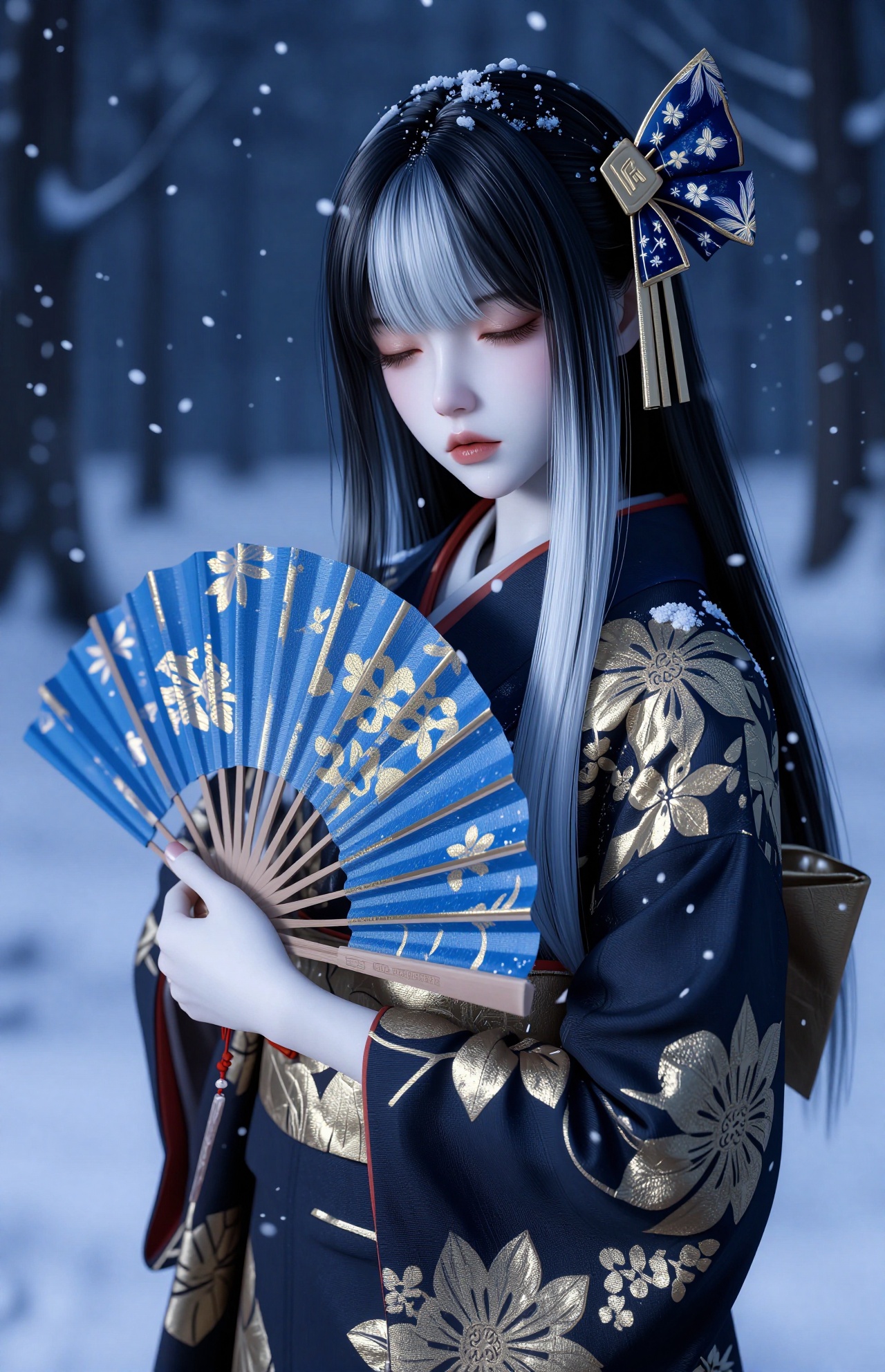 YY Anime style,这幅数字艺术品描绘了一位皮肤苍白、几乎像瓷器一样的年轻亚洲女性，她站在夜晚的雪林中。她有一头又长又直的黑发，前面有一段白色的头发，采用传统的日本发饰，上面有蓝色和金色的图案。她闭上眼睛，表情平静而沉思。她穿着一件深蓝色和金色的和服，上面有复杂的花朵图案，她的手拿着一把蓝色的、装饰着金色图案的华丽折扇。雪花轻轻飘落在她周围，背景是一片白雪覆盖的森林，营造出一种寒冷而宁静的氛围。灯光柔和，带有蓝色调，增强了冬季设置。这位艺术家使用了逼真的纹理和详细的阴影来创造逼真和身临其境的场景。整体构图强调了一种平静和内省的感觉，主体的精致特征和传统服饰与自然的雪景环境形成了鲜明的对比。
