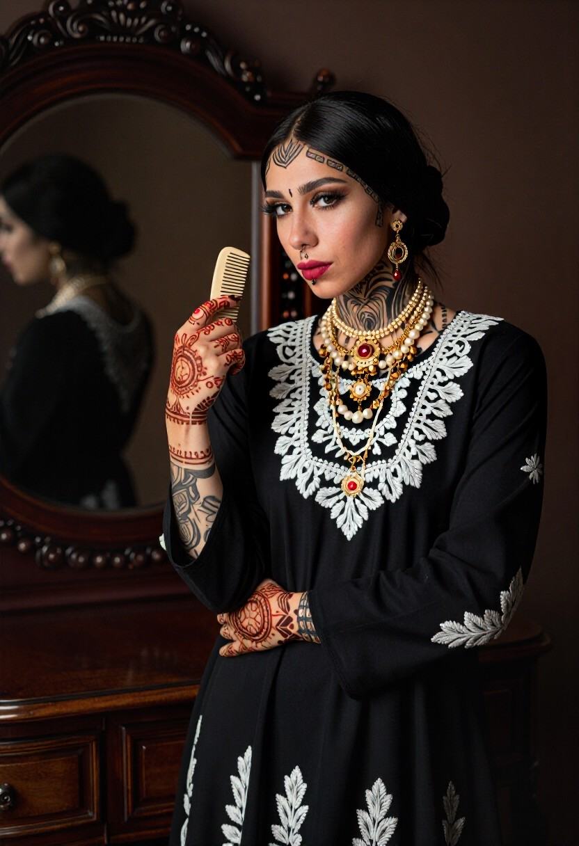 A woman in a black embroidered dress stands beside a vintage vanity,  holding a delicate comb. The scene is bathed in mood...