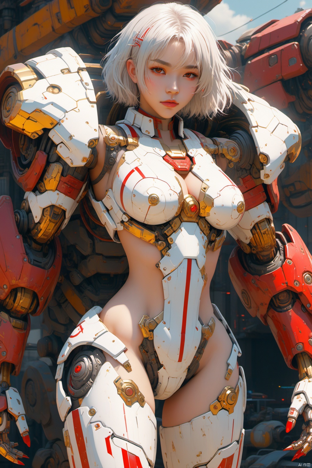 Pretty girl, big breasts, sunny outgoing, white hair, future battle suit, gold plated, electroplated paint, steel mech, Cyberpunk with sci-fi background, 3D, anime style, Red stripes<lora:EMS-94469-EMS:0.800000>