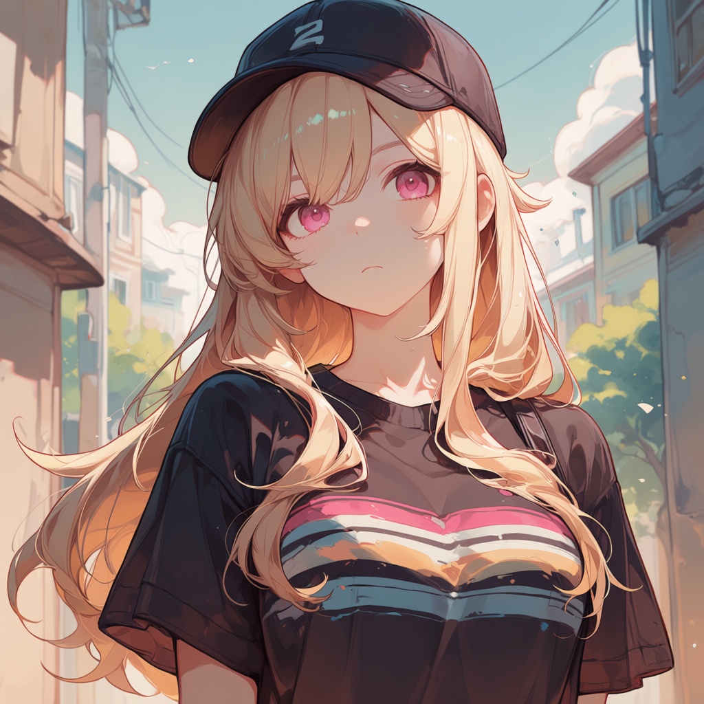 abstract style,  anime-style illustration of a young woman with long blonde hair and pink eyes,  wearing a black t-shirt w...