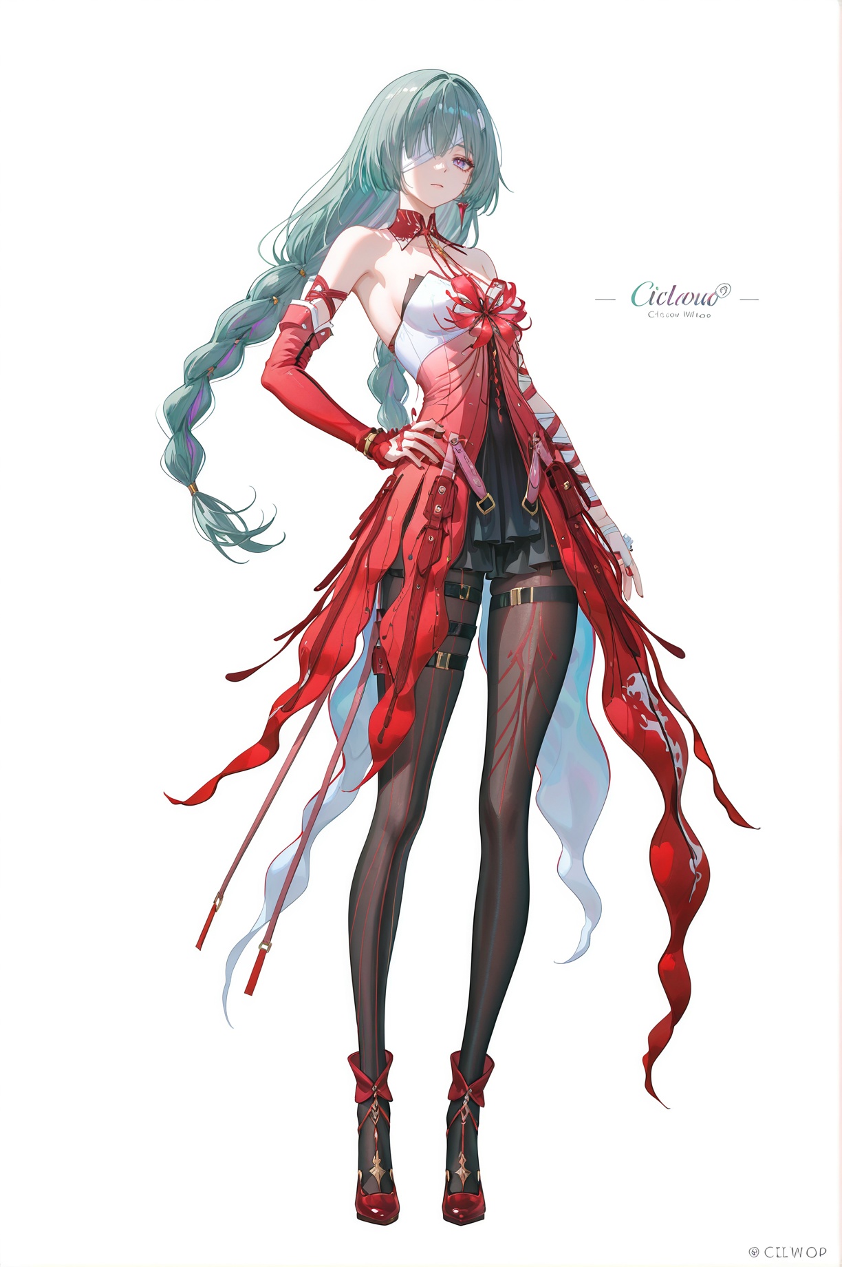 8k,best quality,masterpiece,(ultra-detailed),(high detailed skin),((artist:reoen),(artist:fuzichoco),(artist:atdan),(artist:torino_aqua),year 2024:0.8)1girl,[artist:wlop],[artist:ningen_mame],artist:ciloranko,[[artist:rhasta]],artist:tidsean,colorful,jijia,2d,ambient light,full body,full shot,standing,looking at viewer,(solo:1.2),simple background,(white background:1.2),hand on own hip,(white background:1.1),<lora:Phrolova-ill-Tanger:0.9>,Phrolova \(Wuthering Waves\),clothes: Phrolovadef red dress,left-arm-only arcane sigils,black tattoo-like markings,bandaged eye,asymmetrical outfit,black pantyhose,gray-green hair,1girl,long hair,purple eyes,bandages,asymmetrical detached sleeves,
