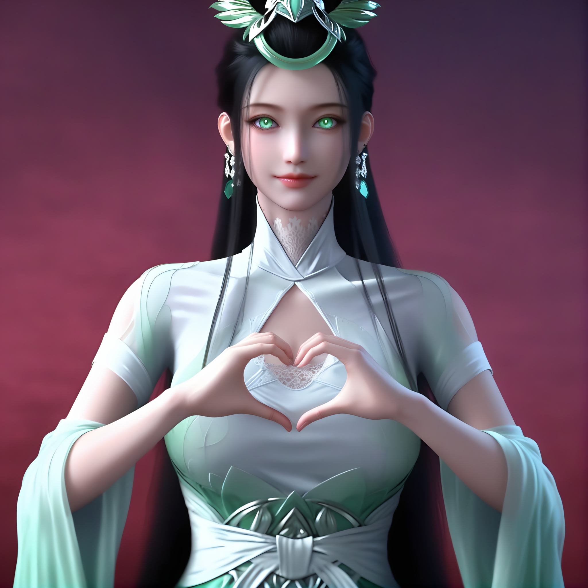 (score_9),red background,collarbone,(glamor:1.1),narrow waist,<lora:陆嫁嫁pony-v2:0.82>,long hair,black hair,jade headdress,crystal earrings,headdress,light blush,light smile,green dress,high collar,white lace choker,clothing cutout,chest cutout,low hair bun,waist sash,heart hands,(single _glowing eyes),looking at viewer,front view,upper body,BREAKred background, masterpiece,best quality,absurdres,highres,hd,