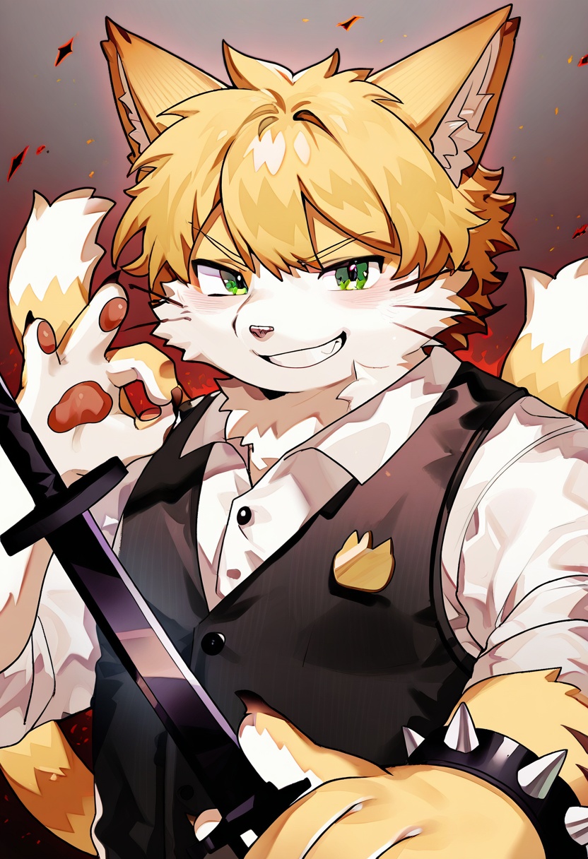 1boy, KUROTERO style, ok sign, furry male, upper body, furrification, sword, green eyes, jewelry, claws, black vest, spiked bracelet, furry, v-shaped eyebrows, weapon, two tails, grin, holding sword, vest, smile, cat boy, spikes, animal ears, collared shirt, multiple tails, holding, short hair, tail, solo, cat ears, furry female, looking at viewer, holding weapon, animal ear fluff, shirt, blonde hair, white shirt, bracelet,masterpiece, best quality <lora:KUROTERO style(noob):1>