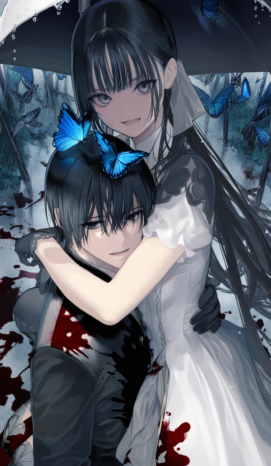 <lora:鵜飼沙樹-Style-000060:1>,highres,absurdres,newest,very awa,masterpiece,best quality,year 2024,(upper body:1.6),bug,butterfly,black hair,1girl,1boy,long hair,thighhighs,blood,looking at viewer,white dress,dress,umbrella,sitting,short sleeves,gloves,open mouth,boots,carrying,blood on clothes,smile,grey eyes,blue butterfly,black eyes,pants,holding,short hair,