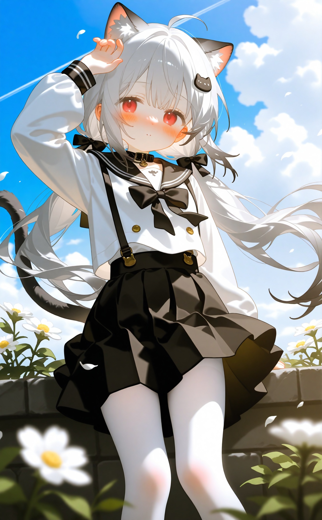 konya666,loli,1girl skirt cat solo shirt animal ears outdoors long hair white shirt sky hair ornament cloud red eyes day black skirt long sleeves bangs twintails x hair ornament white pantyhose animal ear fluff blush bow cat ears blue sky pantyhose sailor collar very long hair closed mouth black sailor collar black bow hand up white hair high-waist skirt hair between eyes blurry foreground sitting collar cat girl petals animal bowtie black collar white cat flower low twintails looking at viewer grey hair floating hair cloudy sky feet out of frame pleated skirt blurry tail black bowtie wind small breasts cat hair ornament parted lips puffy long sleeves cat tail school uniform choker depth of field breasts from below hair bow contrail looking away suspender skirt puffy sleeves serafuku looking at animal buttons ahoge arm up mutated hands poorly drawn hands mutated hand and finger fused fingers too many fingers missing fingers,