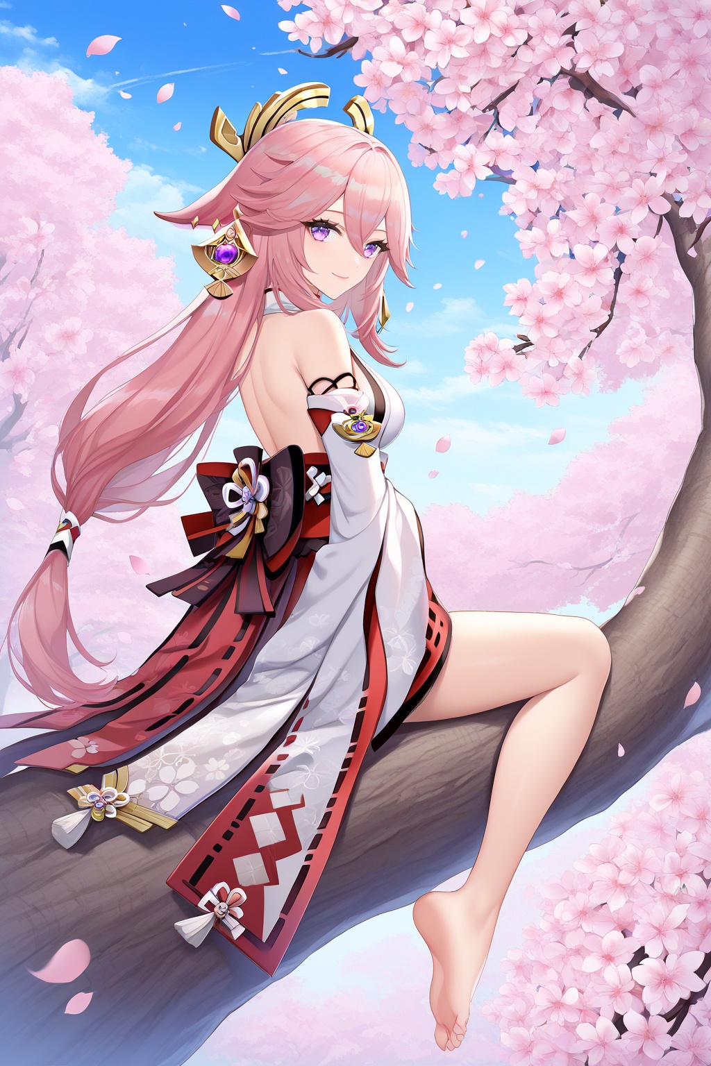 score_9,score_8_up,score_7_up,score_6_up,source_anime,source_cartoon,<lora:Yae MikoTuPONYXL-000008:1>,yae miko,1girl,pink hair,solo,long hair,breasts,fox ears,looking at viewer,smile,detached sleeves,sitting,cherry blossoms,purple eyes,bare shoulders,sideboob,tree,bare legs,jewelry,japanese clothes,barefoot,hair ornament,feet,sitting in tree,okobo,sandals,full body,legs,earrings,in tree,outdoors,nontraditional miko,toes,sky,petals,blue sky,medium breasts,long sleeves,day,short kimono,backless outfit,from behind,