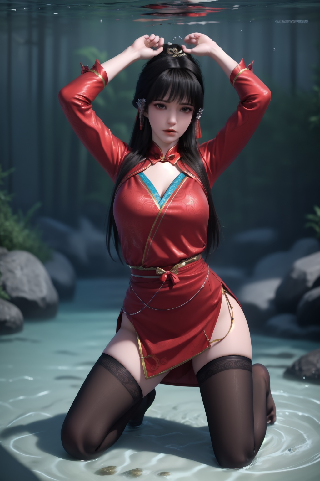1girl,underwater,submerged,floating hair,air bubble,holding breath,see-through,masterpiece,best quality,highly detailed,fish,(wide hip:1.2),jellyfish,earrings,hair ornament,sea weed,coral reef,shark,sea turtle,sexy pose,kneeling,chinese dress,chinese clothes,big breasts,(looking at viewer:1.2),black pantyhose,arms up,torn pantyhose,