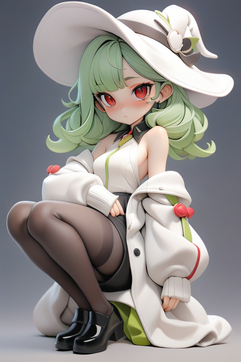 solo,1girl, bangs, bare shoulders, black footwear, black legwear,red eyes, grey background,long sleeves, looking at viewer, puffy sleeves,green hair, shoes, solo,white jacket,white witch hat,, (masterpiece,best quality:1.2)