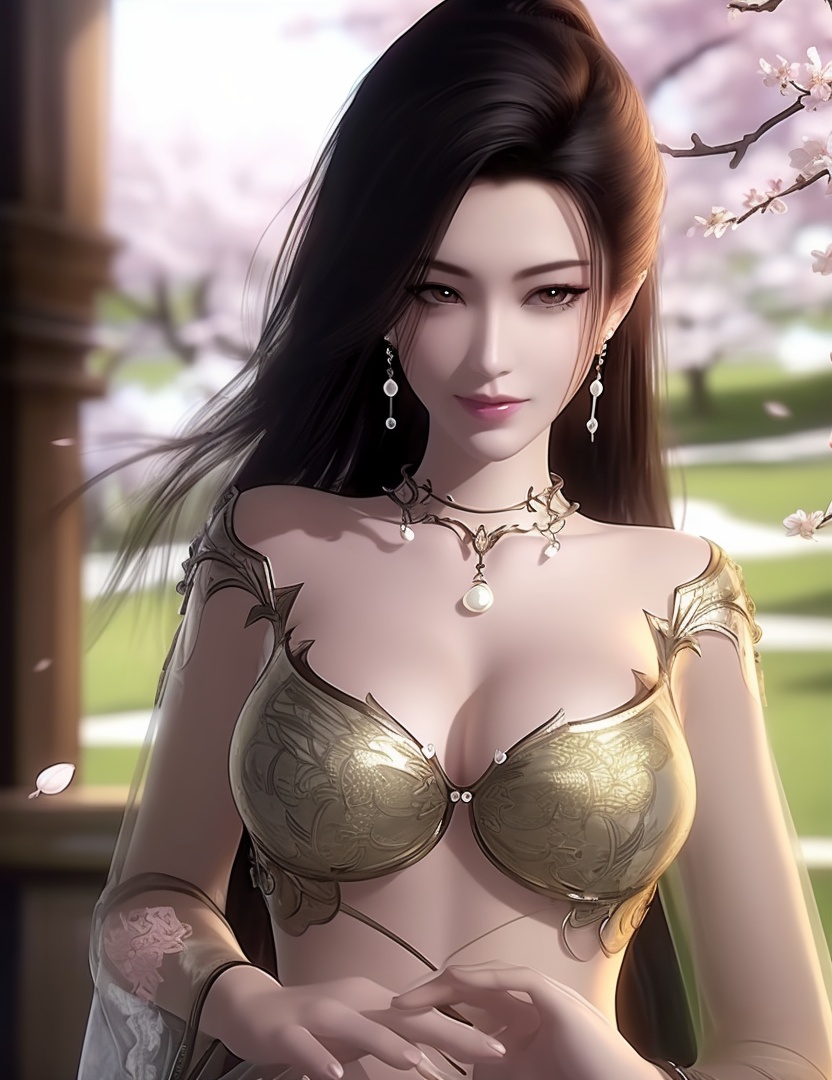 ultra realistic 8k cg, , flawless, clean, masterpiece, professional artwork, famous artwork, cinematic lighting, cinematic bloom, perfect face, beautiful face, fantasy, dreamlike, unreal, science fiction,  beautiful clothes, lace, lace trim, lace-trimmed legwear, , prestige, luxury, jewelry, diamond, gold, pearl, gem, sapphire, ruby, emerald, intricate detail, delicate pattern, charming, alluring, seductive, erotic, enchanting, hair ornament, necklace, earrings, bracelet, armlet,halo((,1girl, pov,))(((,cherry blossoms, 1girl, solo, petals,looking at viewer, large breasts, hair flower, flower, outdoors, )))  <lora:DA_CaoNvYaoNightwear:0.8>