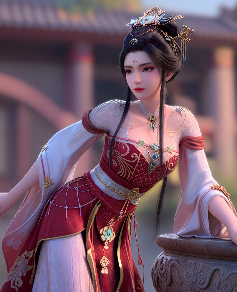 (oriental architecture, elegant decor, sophisticated style:1.1),(Balancing on one foot, arms extended for balance,:1.1),(breasts:1.2),<lora:XL暗河传医者白鹤淮:0.95>,miss baihehuai,chinese clothes,detached collar,red corset,red overskirt,hair bun,black hair,hair ornament,hanging hair,forehead mark,black eyes,shoulder mesh,jewelry,floral print,, score_9,score_8_up,score_7_up,score_6_up,score_5_up,score_4_up,3d rendering,tag1,tag2, Cinematic Lighting,backlighting,