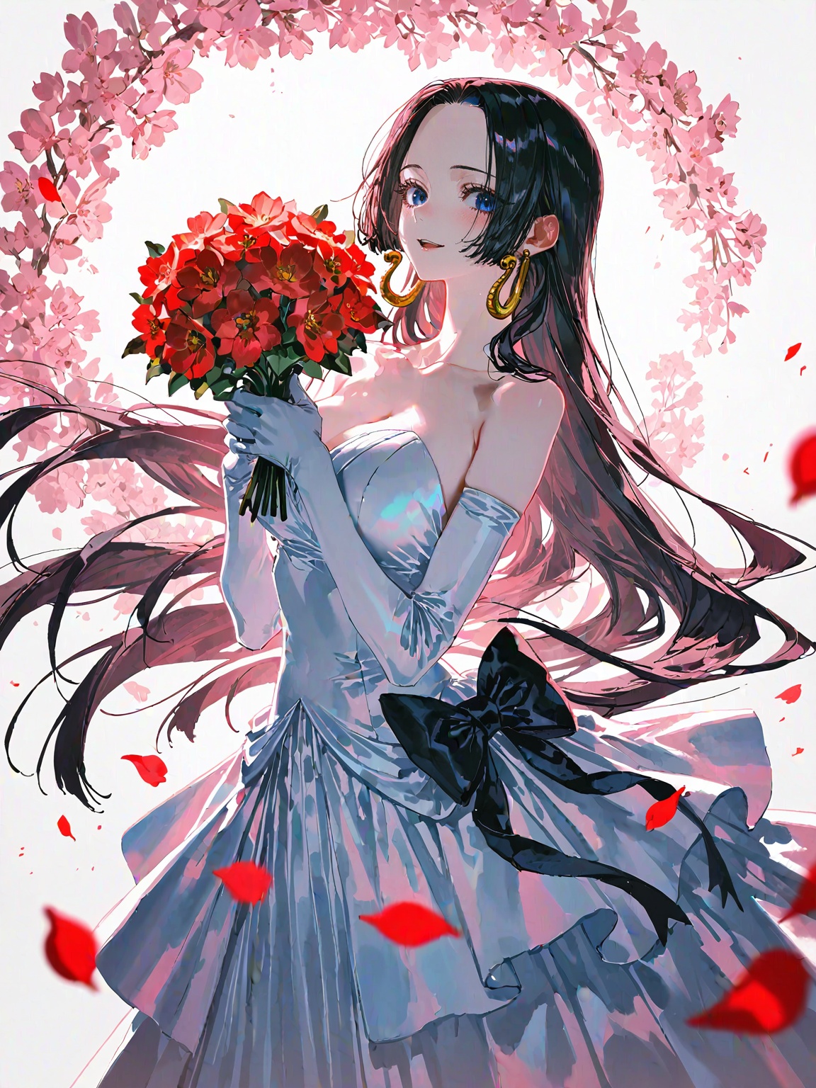 boa hancock one piece,boa hancock,black hair,long hair,blue eyes,jewelry,earrings,elbow_gloves,frilled_skirt,holding_bouquet,highres,cherry_blossoms,strapless_dress,white_gloves,looking_at_viewer,red_flower,solo,collarbone,own_hands_together,:d,white_background,backlighting,black_bow,bare_shoulders,frilled_dress,hair_bow,wedding_dress,commentary_request,1girl,petals,simple_background,blush,cowboy_shot,depth of field,lens flare,masterpiece,best quality,very aesthetic,2024,2023,perfect composition,ultra-detailed,rolua,geometric pattern,abstract background,striped background,extreme aesthetic,(quasarcake:0.7),masterpiece,best quality,good quality,newest,year 2024,year 2023,very aesthetic,absurdres,