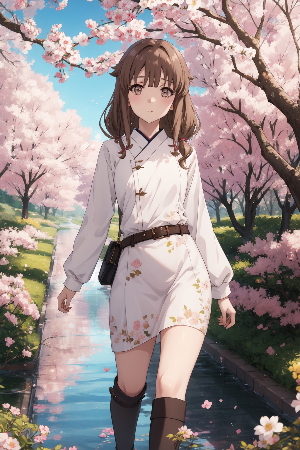 <lora:Kaede-000015:0.8>,Kaede CYQL,1girl,looking at viewer,solo,brown_hair,long_hair,bangs,brown_eyes,twintails,Wrap-style Aran sweater worn over a mini dress with over-the-knee boots,shy,portrait,Cherry blossoms, Garden, Petals, Blossoming trees, Serenity, Zen, Pond, Bridges,(Bonsai trees, Moss, Gravel pathways, Raked sand, Tranquility, Meditation:0.5),beautiful detailed sky,beautiful detailed glow,posing in front of a colorful and dynamic background,masterpiece,best quality,beautiful and aesthetic,contrapposto,female focus,wallpaper,