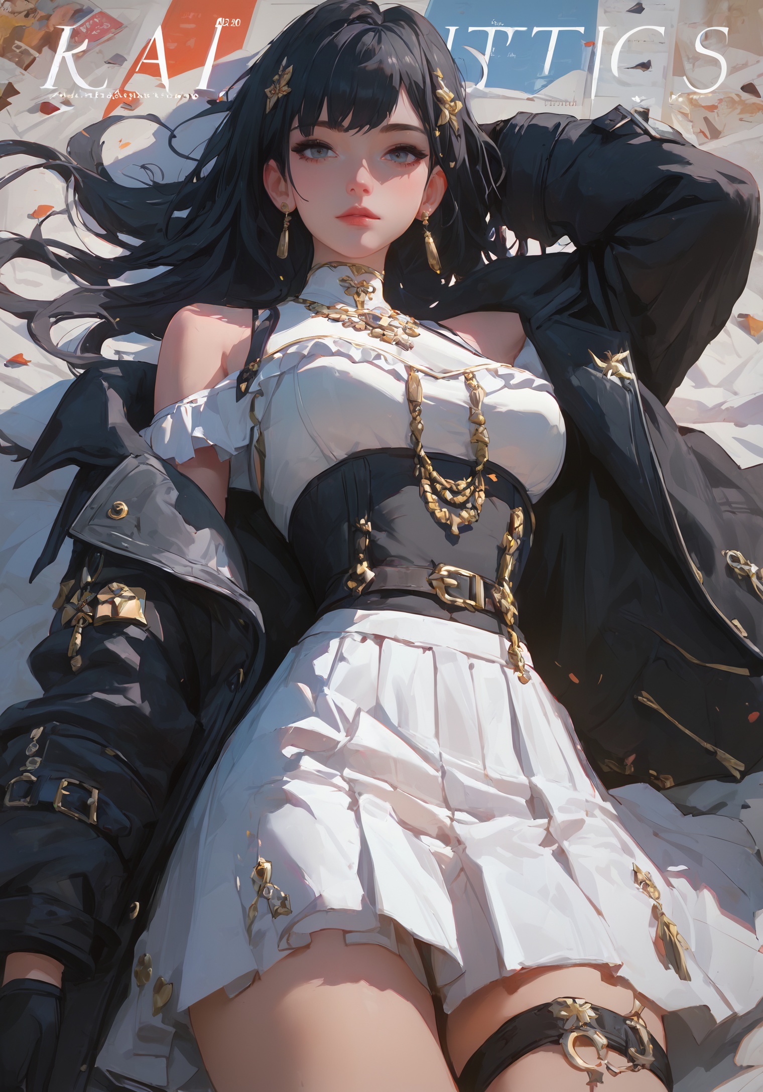 core_9,score_8_up,score_7_up,masterpiece,bestquality,AFLY,MCBZ,1girl,white skirt,off-shoulder skirt,black jacket,the coat is open,long black hair,hair_ornament,<lora:鸣潮白芷:0.5>,black gloves,waist jewelry,thigh_strap,magazine cover angle,