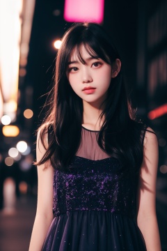 1 girl, upper body, 18 years old, black hair, light pollution, pink light, blue light, night, sheer purple dress, modern city street background, deep field of view, defocus, complex and detailed elements, cool light, deep shadows