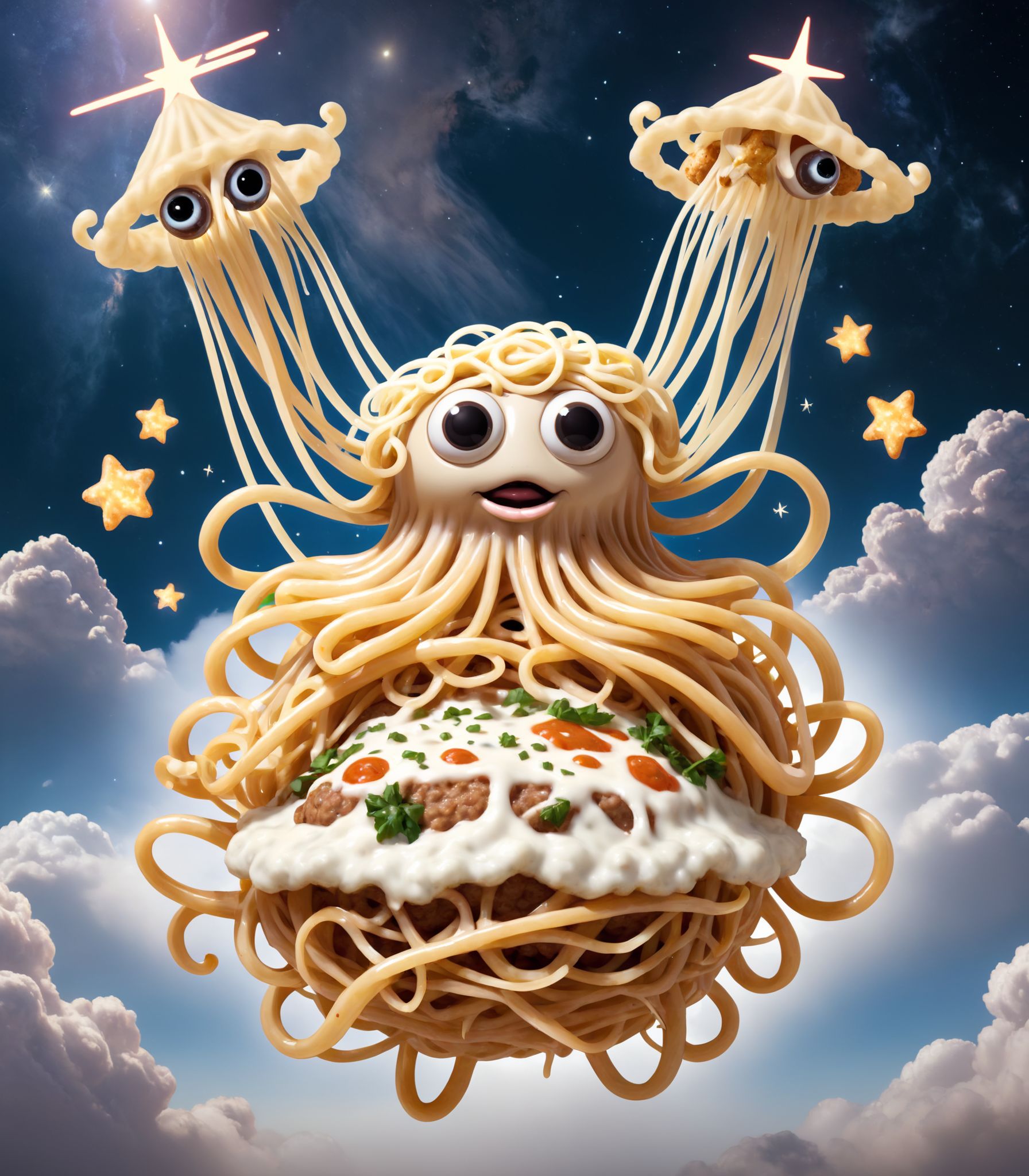 Illustration of the Flying Spaghetti Monster idol depicted as a mythical creature with a flying spaghetti noodle body,  me...