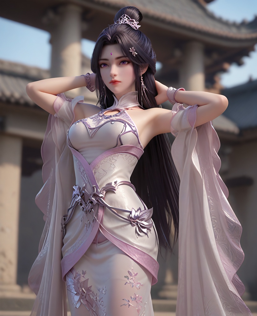 (oriental architecture, elegant decor, sophisticated style:1.1),Standing with hands behind the head, stretching,,(breasts:1.2),<lora:XL16完美世界月婵:0.95>,miss yuechan,solo,pinkish white corset,sash,pinkish white sheer fabric skirt,purple eyes,forehead jewel,traditional chinese updo,black hair,very long hair,hair ornament,bare shoulders,detached sleeves,wristband,, zPDXL2, score_9, score_8_up, score_7_up BREAK realistic, masterpiece,best quality, highly detailed,, zPDXL3, zPDXL2,zPDXL, zPDXLxxx, zPDXLrl,