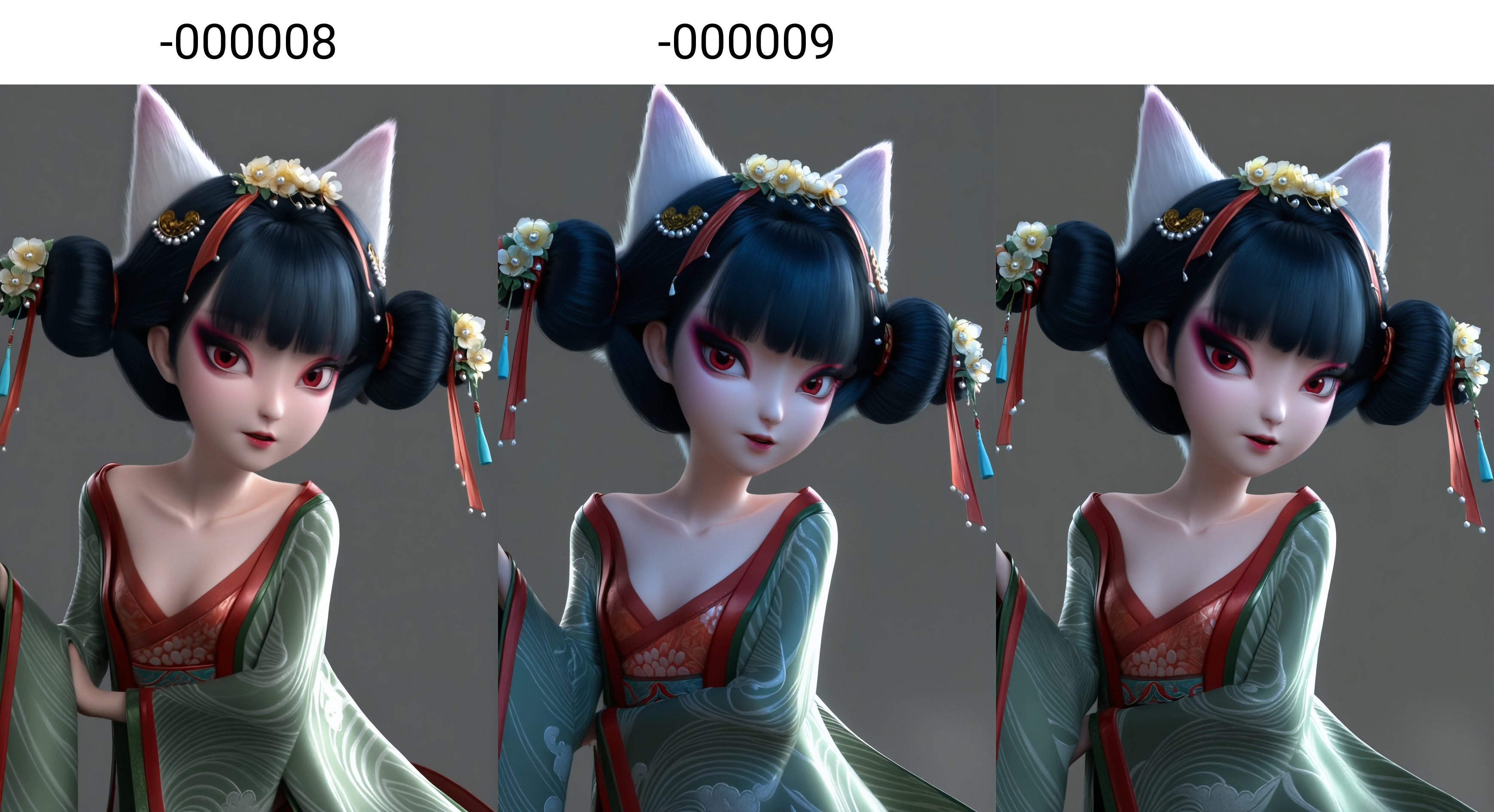(score_9),light blush,body blush,<lora:宝青坊-Apony-000008:0.86>,fangzhu,solo,1girl,hair ornament,hair flower,hair bun,tassel hair ornament,bangs,makeup,black hair,chinese clothes,fox ears,red eyes,wide sleeves,looking at viewer,front view,standing,glamor,collarbone,puffy breasts,pointy_breasts,branch,twig,falling petals,grey background,OverallDetail,fair_skin,(white_skin),(Ivory_skin),<lora:e色温:0.5>,<lora:e肤色滑块:0.5>,<lora:detailed_notrigger:1>,<lora:perfect-eyes:0.8>,<lora:a修手:0.35>,