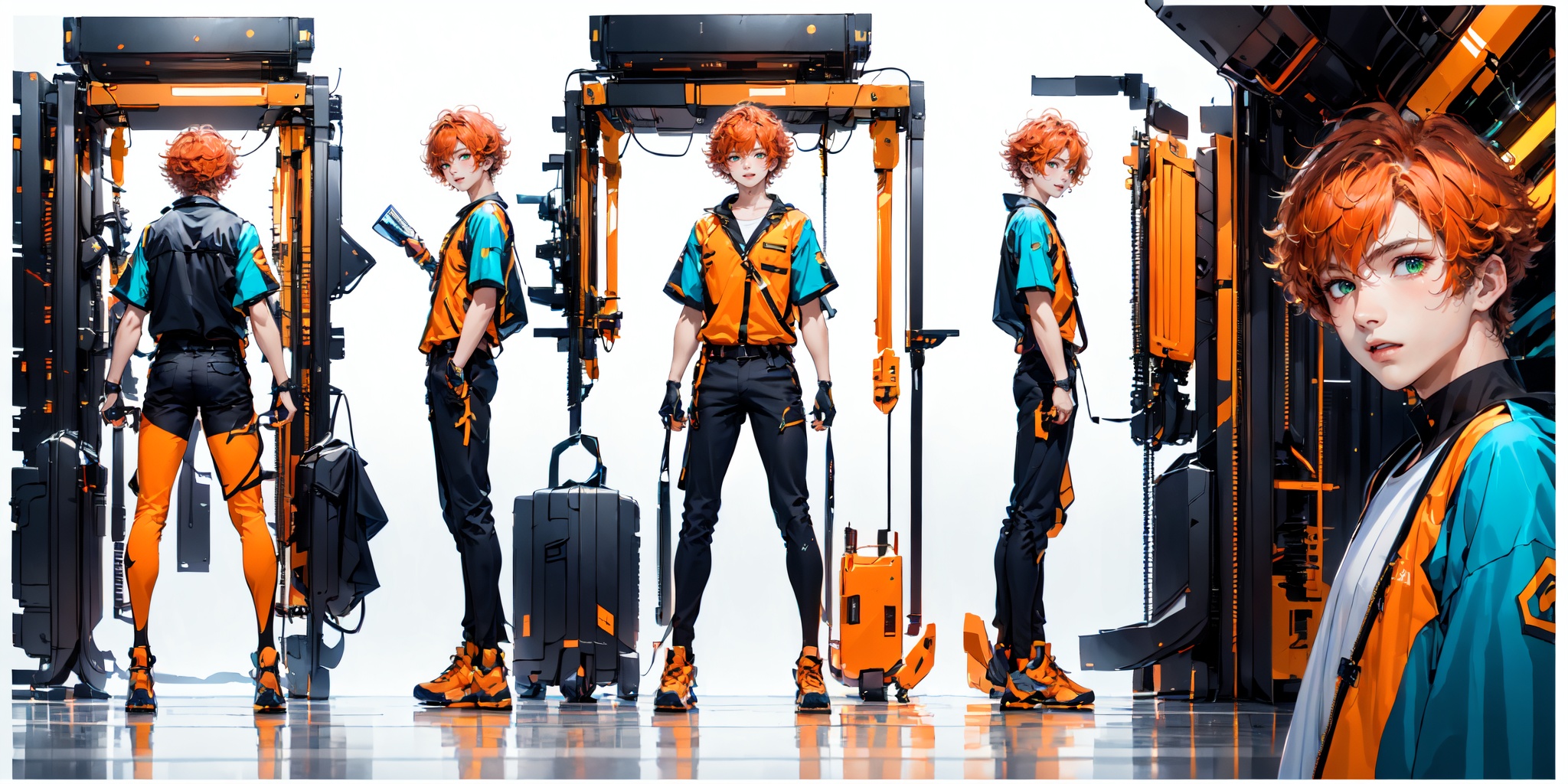 (white background:1.2),(full body:1.2),(masterpiece:1,2),best quality,best quality,masterpiece,(solo:1.25),(1 boy:1.5),Mature male,Sunny boy,happy,(Short curly orange hair:1.1),green eyes,workwear,Transparent clothes,engineer,Cyber Aso,<lora:Cyber Aso_20240119182540:0.8>,