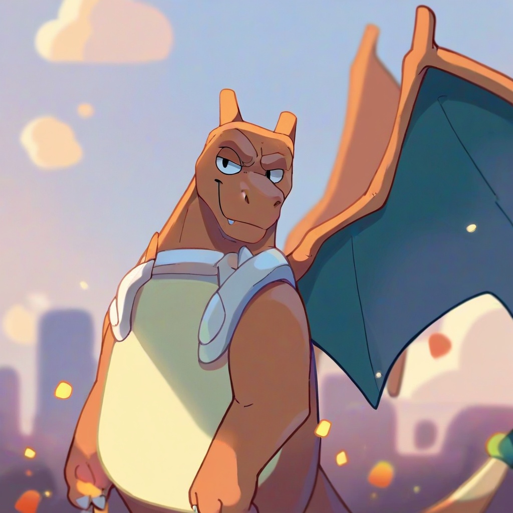 safe_pos, score_9, score_8_up, score_7_up, score_6_up, score_5_up, score_4_up, source_furry, hi res, blurred background, particles, solo, Charizard, looking at viewer, closed mouth, Bluey style