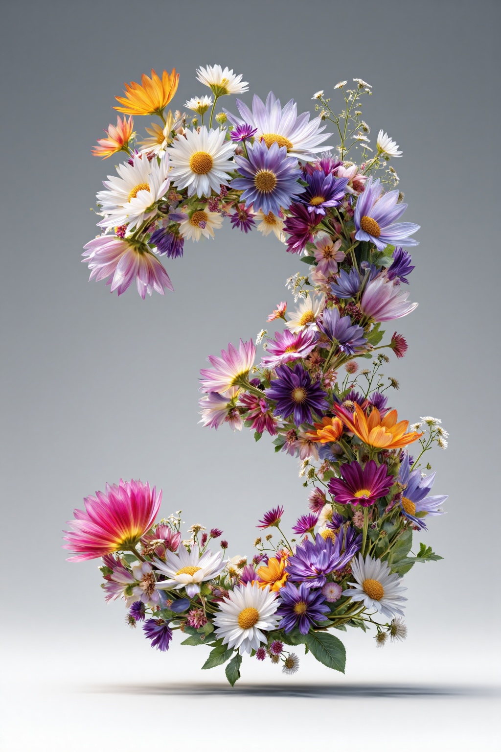 beijihui,3D icon design of number '3',**** of interwoven fresh flowers with vibrant multicolored petals and delicate stems,hyperrealistic,hyperdetail,front view,studio lighting,100mm lens,white solid background,
