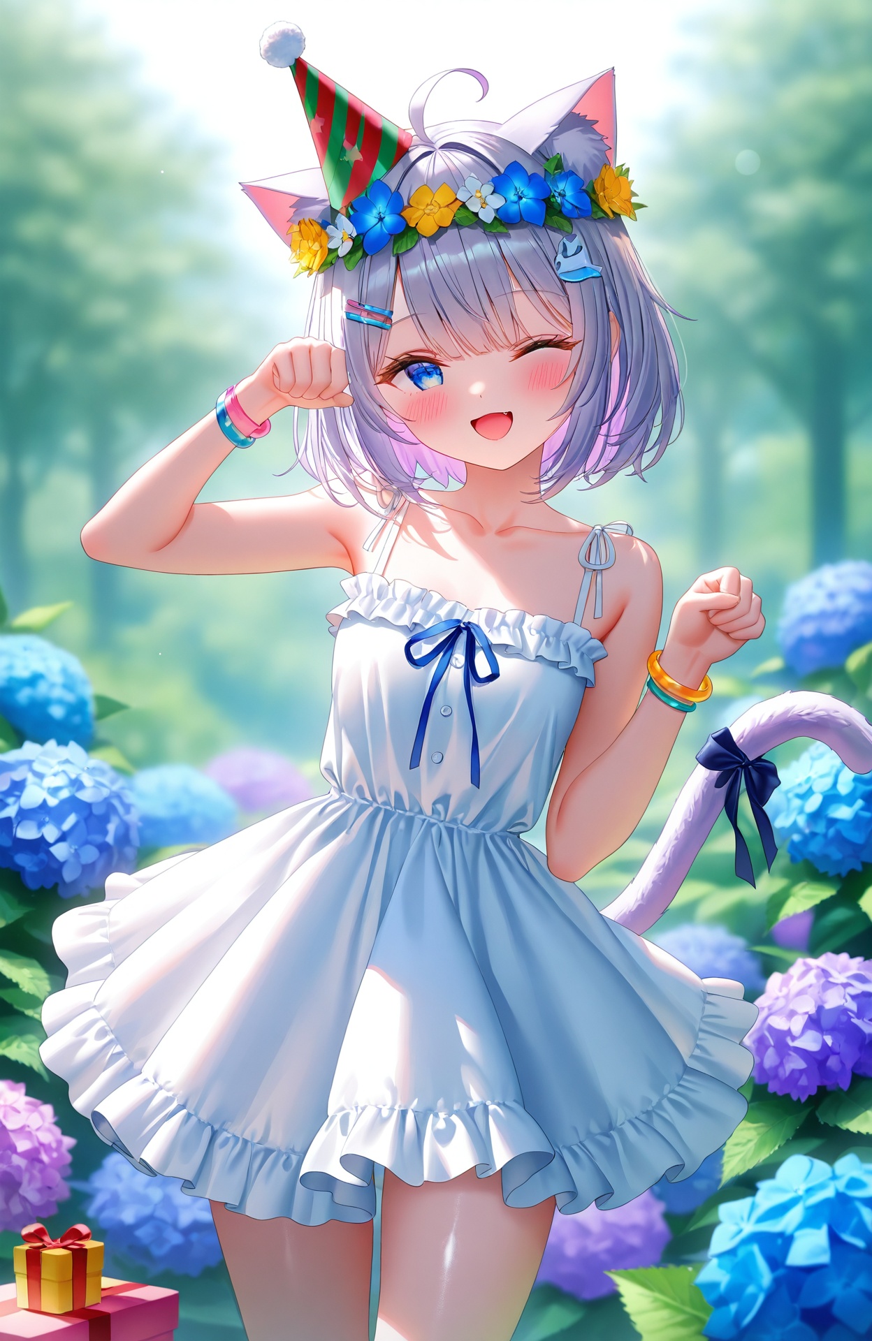 masterpiece,absurdres,best quality,petite,high quality,chromatic_aberration,shiny_skin,//,1girl,virtual_youtuber,cat_ears,animal_ears,blue_eyes,hair_ornament,cat_tail,tail,gift,dress,cat_girl,tail_ornament,flower,fish_hair_ornament,solo,smile,looking_at_viewer,short_hair,paw_pose,hairclip,tail_ribbon,blue_flower,open_mouth,white_dress,frilled_dress,ribbon,blush,ahoge,bracelet,gift_box,grey_hair,collarbone,purple_hair,tail_bow,head_wreath,jewelry,party_hat,hydrangea,one_eye_closed,box,hair_flower,frills,//,artist:rin_yuu,[Artist:DIno:0.5],artist:lazuri7,(artist:yunikon:0.3),(artist:quasarcake:0.3),artist:glutton_(18152740927lx),artist:shuu_illust,Artist:rhasta,say_hana,Artist:junpaku karen,//,Depth of field,(colorful),hdr,Tyndall effect,depth of field,Tyndall Effect,