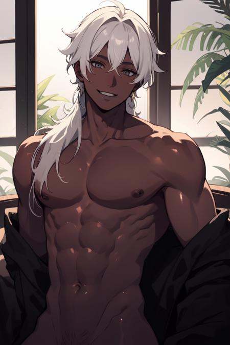 masterpiece, best quality, highres, ultra-detailed, 1boy, 18 years old boy, white hair, long hair, grey eyes, looking at the viewer, shiny lips, semi-realistic, smiling at the viewer, topless male, large pectorals, toned abdomen, dark-skinned male, masculine, <lora:darkskinnedhusbando:0.6>