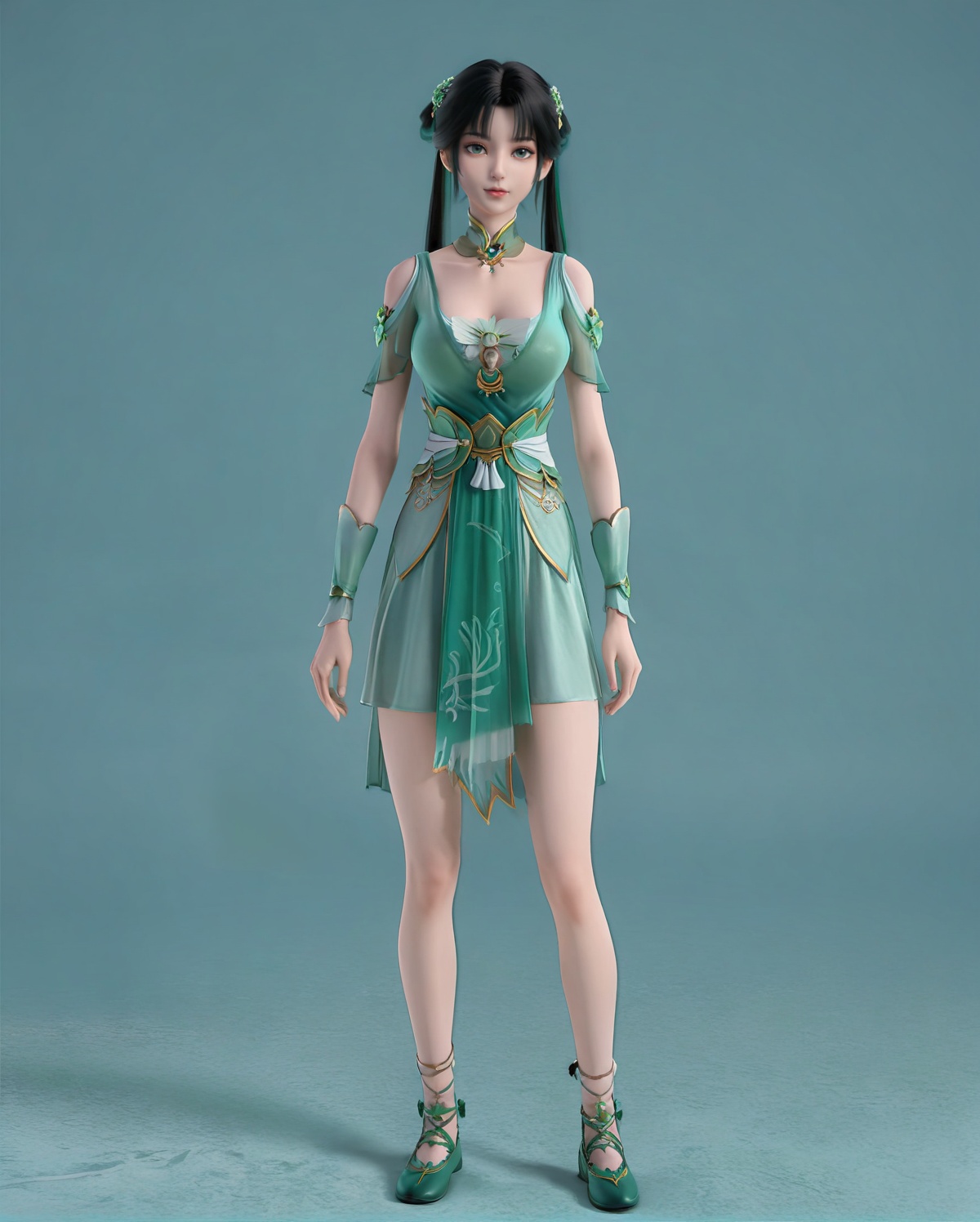air_skin,white_skin,score_9,<lora:SF_BiYao_Pony_Realism-000004:0.7>,green dress,hair ornament,black hair,1girl,breasts,large breasts,standing,solo,green footwear,looking at viewer,simple background,full body,