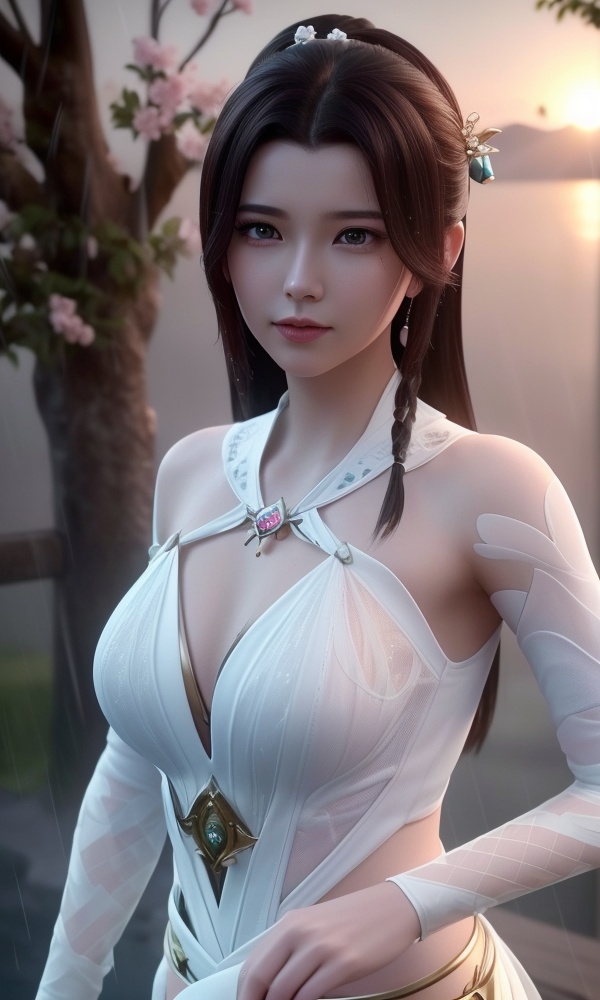 <lora:516-DA-万古狂帝-楚柳儿:0.8>(,1girl, ,best quality, ),looking at viewer,  ,,ultra detailed 8k cg, ultra detailed background ,ultra realistic 8k cg,          cinematic lighting, cinematic bloom, (( , )),,  , unreal, science fiction,  luxury, jewelry, diamond, pearl, gem, sapphire, ruby, emerald, intricate detail, delicate pattern, charming, alluring, seductive, erotic, enchanting, hair ornament, necklace, earrings, bracelet, armlet,halo,masterpiece, (( , )),, realistic,science fiction,mole,   ,cherry blossoms,,(((Best quality, masterpiece, ultra high res, (photorealistic:1.4), raw photo, 1girl, ,rain, , sunlight, sunset, qianqiu wanxia,     )))  (cleavage), (),