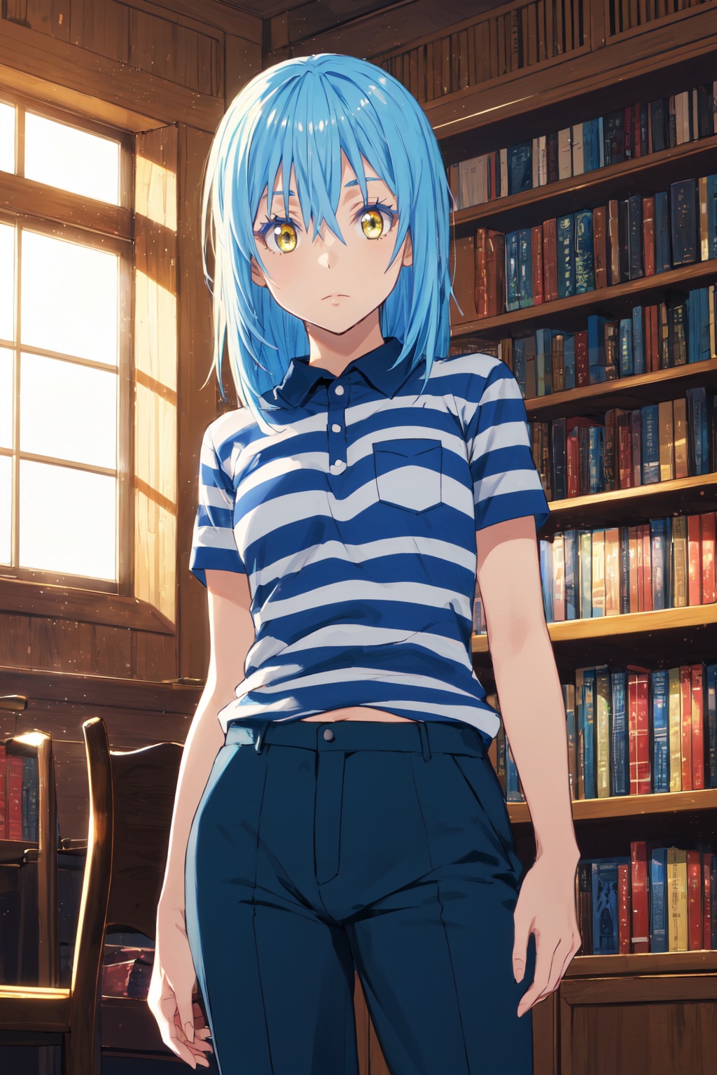 1other,looking at viewer,solo,androgynous,blue hair,long hair,hair between eyes,bangs,yellow eyes,standing,striped polo shirt, chino pants, and boat shoes,<lora:Rimuru:0.8>,Rimuru_CYQL,upper_body,beautiful face,beautiful eyes,glossy skin,shiny skin,Library, Books, Afternoon sunlight, Armchair, Quietude,beautiful detailed sky,beautiful detailed glow,posing in front of a colorful and dynamic background,masterpiece,best quality,beautiful and aesthetic,contrapposto,female focus,wallpaper,fashion,