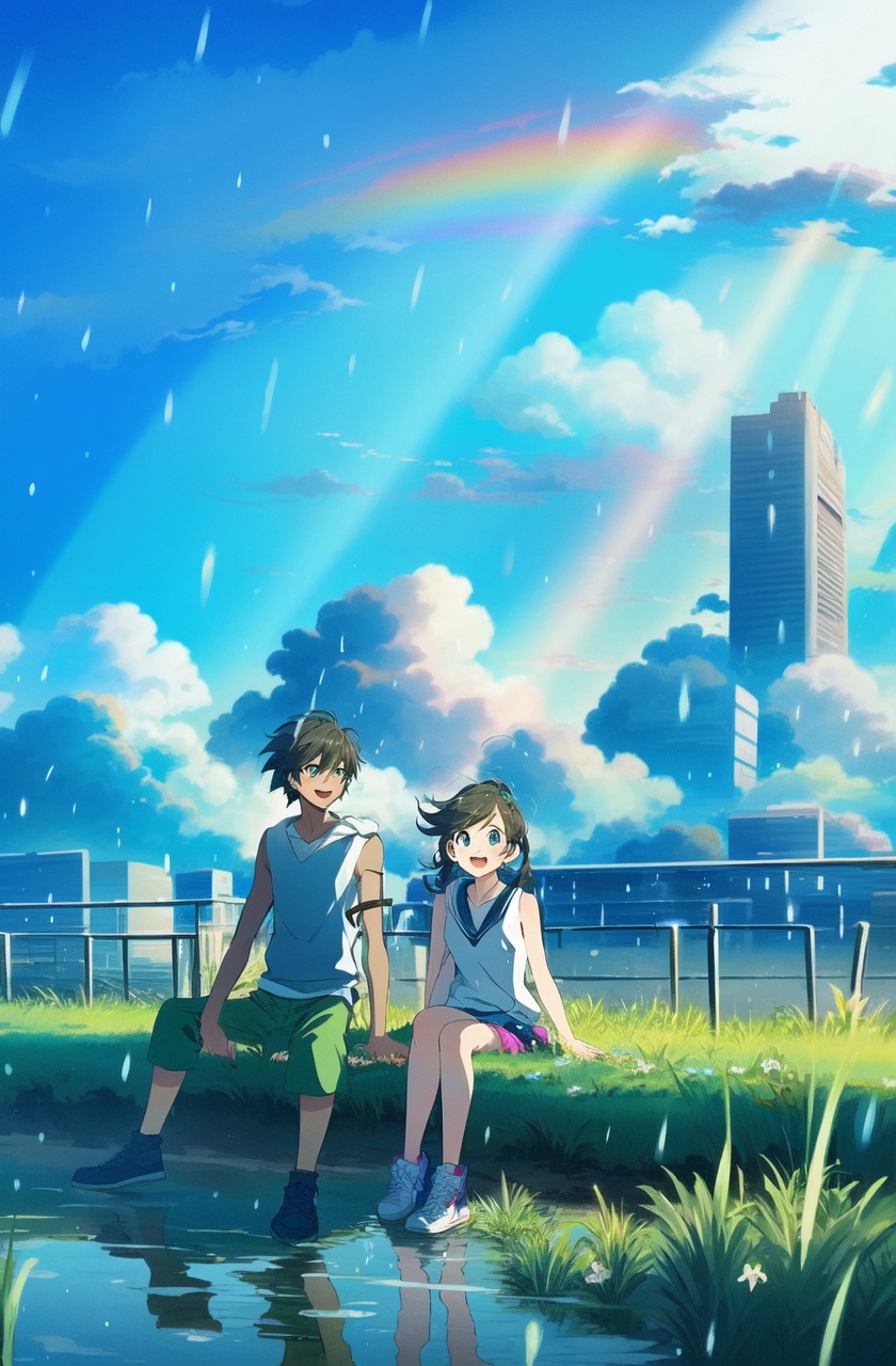 masterpiece,best quality,high quality,highres,1girl, shorts, 1boy, outdoors, cloud, rain, black hair, hood, long hair, arm up, day, sleeveless, shirt, twintails, cloudy sky, sitting, smile, open mouth, hoodie, sunlight, grass, brown hair, shoes, hood down, blue eyes, blue sky, standing, transparent umbrella, flower, rainbow, light rays, puddle, sleeveless hoodie, sneakers, building, bag, stairs,grass,full body,