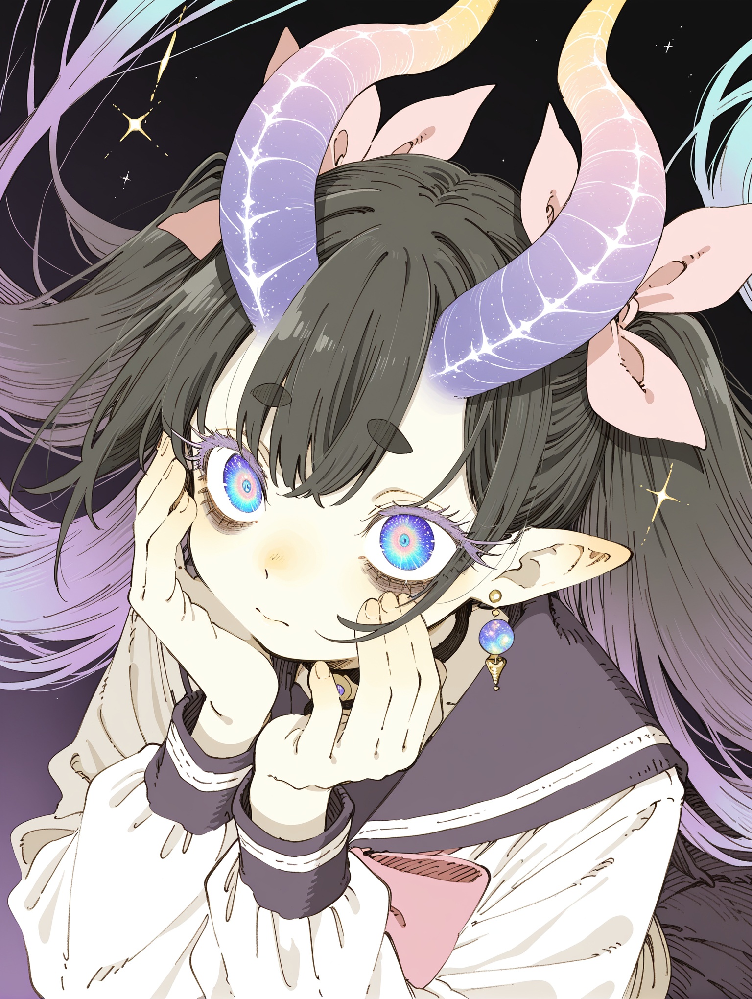 pastel colors,(abara heiki:1.1),(watanabe tomari:1.1), (watari \(nijimukiokuiro\):0.5), 1girl, monster girl,long hair,twin tails, pointed ears,horns,((alternate eye color, multicolored eyes,sparkles, glowing eyes, eyeshadows,short eyebrows,thick eyebrows,long eyelashes:1.2,big eyes,perfect eyes, detailed eyes,detailed pupils,detailed iris,detailed cornea,long anime eyelashes, bags under eyes, galaxy eyes)), school uniform, sailor collar, pink bow, long sleeves, choker, earrings, hand near face, pensive pose, calm expression, mysterious aura, ethereal, dreamy, enigmatic, cosmic theme, otherworldly, elegant,purple theme,black hair,gradient hair, pastel shading, neon highlights, soft lighting,dramatic lighting,dark background,aesthetic,stylized, mystical, fantasy, celestial,surreal, gothic elegance,looking sideways, dynamic pose, extreme perspective, rare angle, dynamic angle, leaning forward, hands up, pale skin, ,masterpiece,best quality,amazing quality,