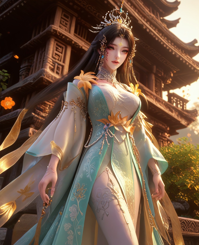 (oriental architecture, elegant decor, sophisticated style:1.1),(Licking lips suggestively,:1.1),low-angle shot,(large breasts:1.2),shoes,<lora:XL16云深不知梦羲和四相融合:0.95>,miss xihe,cyan hanfu coat over white base dress,yellow hagoromo,yellow eyes,facial mark,black hair,half-up ponytail with long cascading hair,very long hair,hair ornament,jewelry,collar,faux floral embellishments,white leggings,, score_9,score_8_up,score_7_up,score_6_up,score_5_up,score_4_up,3d rendering,tag1,tag2, Cinematic Lighting,backlighting,