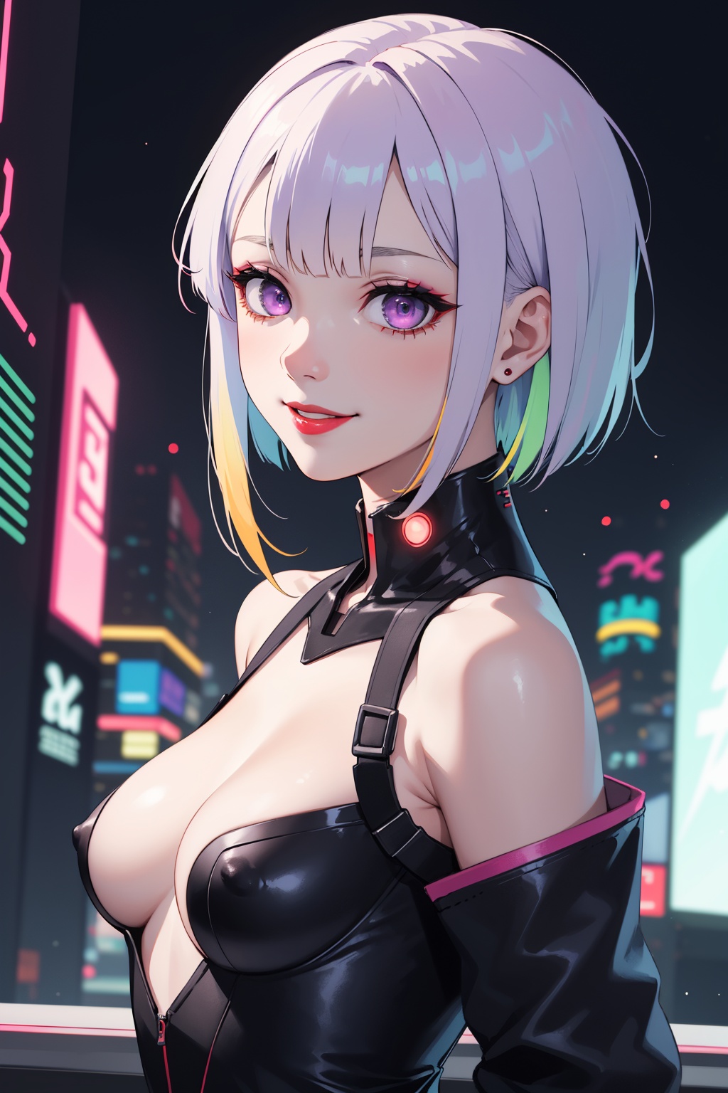 1girl, lucy (cyberpunk), solo, multicolored hair, cyberpunk, bangs, looking at viewer, bare shoulders, jacket, short hair, bodysuit,makeup, purple eyes, red eyeliner, parted bangs, upper body, smile, red lips, nsfw,<lora:lbc_lucy240408_v1.0:1>