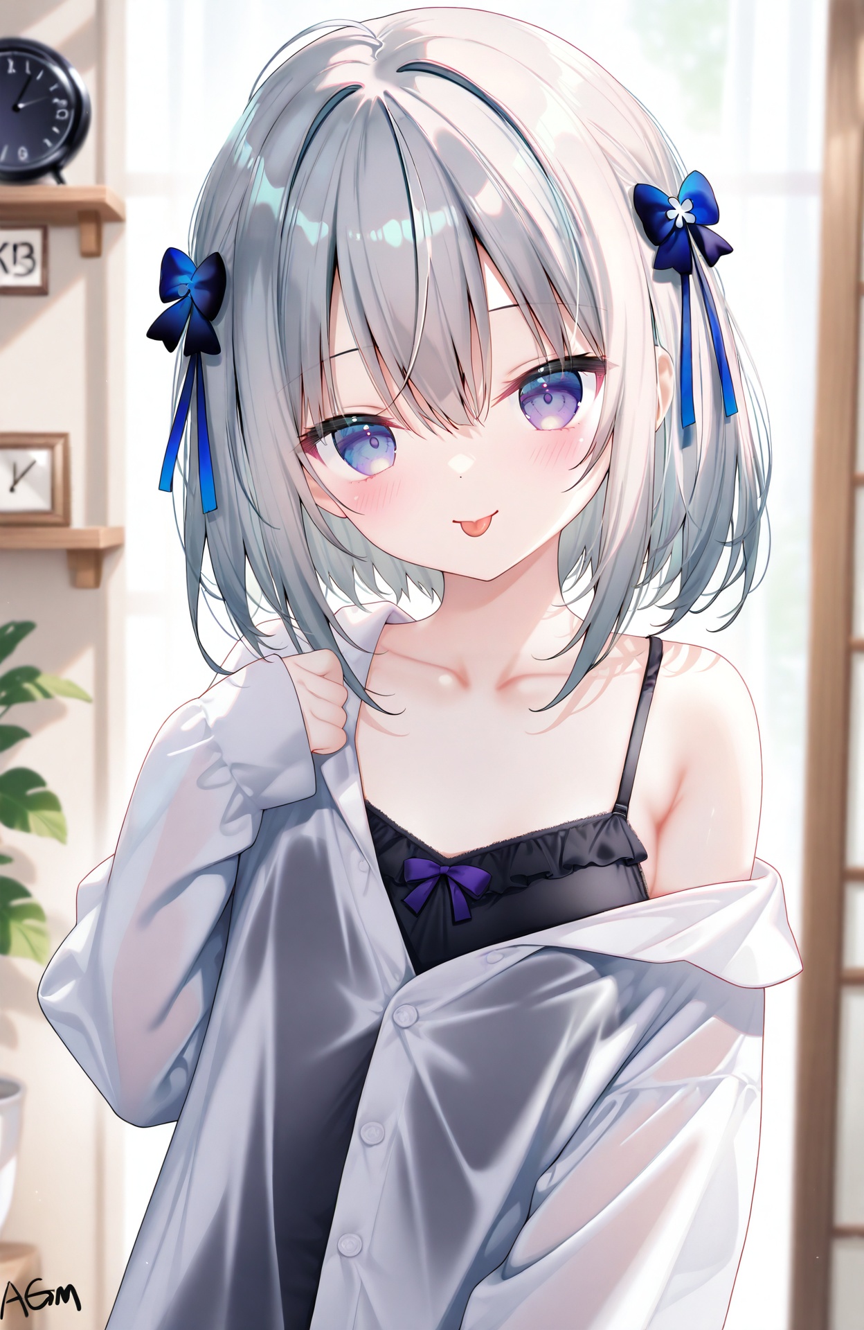 masterpiece,absurdres,best quality,petite,high quality,blurry,depth_of_field,//,1girl,tongue,tongue_out,solo,clock,wing_hair_ornament,looking_at_viewer,shirt,blush,blue_eyes,:p,sleeves_past_wrists,short_hair,grey_hair,white_shirt,upper_body,black_camisole,long_sleeves,single_bare_shoulder,hair_between_eyes,hair_ornament,off_shoulder,purple_eyes,collarbone,smile,single_off_shoulder,one-piece_swimsuit,//,eip_(pepai),hoshi_(snacherubi),(mafuyu_(chibi21):0.56),(paruno:0.7),torino,(chen_bin:0.7),(koh_rd:0.5),(ling_dianxia:0.4),omone_hokoma_agm,(kamue:0.5),(Torino aqua:0.7),//,<lora:MAQ——【CKXL测试】hans:0.25>,<lora:TwinBox2——【CKXL】hans:0.4>,<lora:nyalia——【CKXL测试】hans:0.4>,