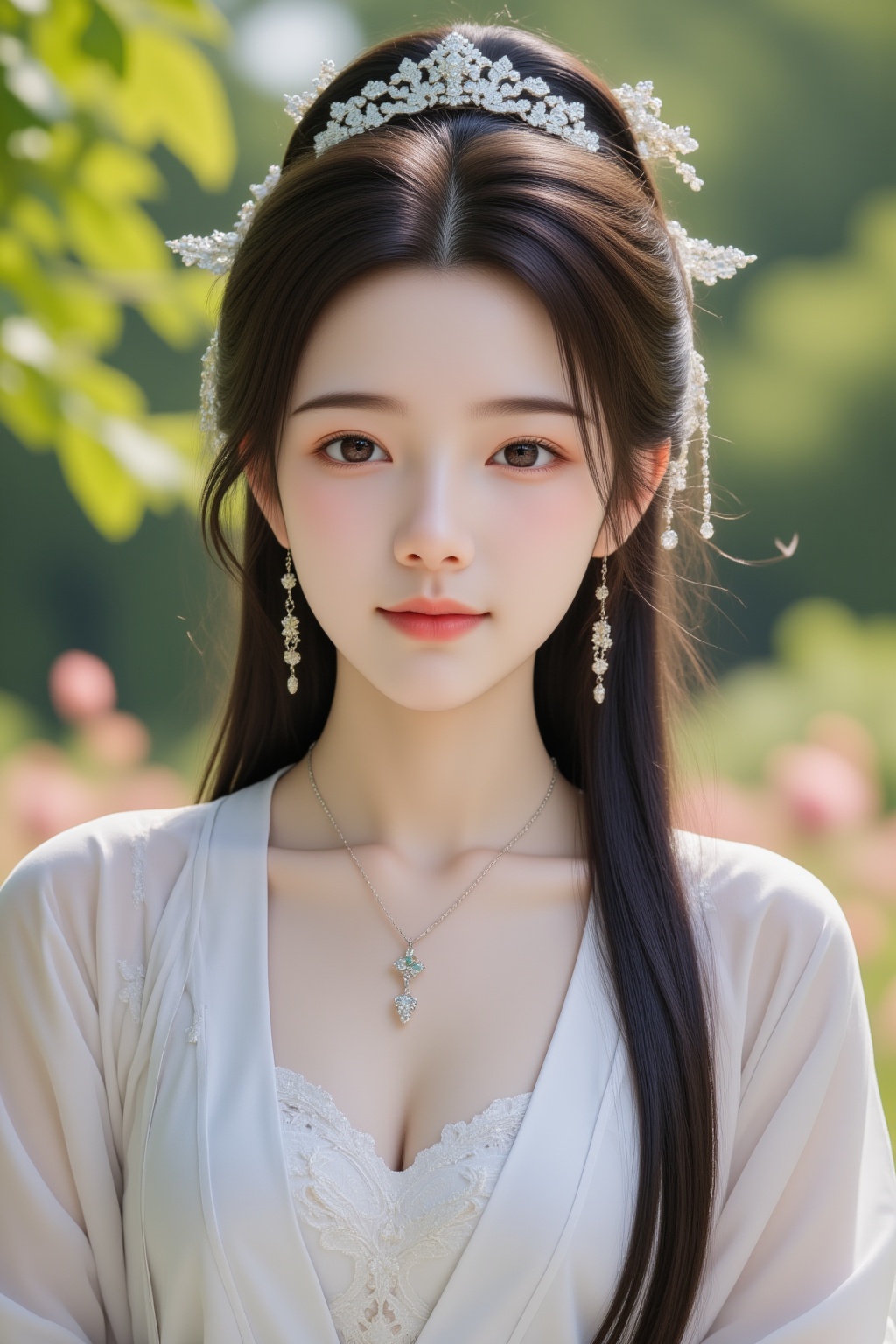 cinematic photo 1girl, teenage, jewelry, long hair, solo, smirk, closed mouth, black hair, brown eyes, looking at viewer, upper body, hanfu, outdoors, flowers