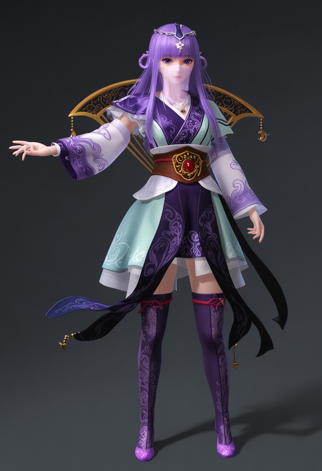 (full_body:1.1),(looking at viewer:1.1),facing viewer,direct gaze,<lora:YQ_pony_shaosiming_V4:0.8>,1girl,solo,purple hair,long hair,veil,purple dress,purple eyes,hair ornament,blunt bangs,thighhighs,mouth veil,dress,circlet,boots,pantyhose,sash,asymmetrical sleeves,chinese clothes,jewelry,gem,hair rings,thigh boots,tiara,BREAK (simple background,pure black background,black background:1.1),perfect anatomy,