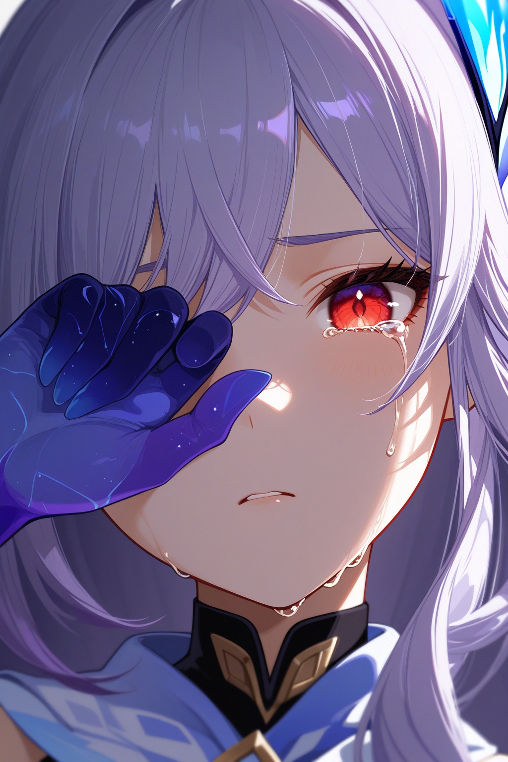 masterpiece,skirk \(genshin impact\),1girl,purple hair,red eyes,very long hair,ears,wiping_tears,close one eye,