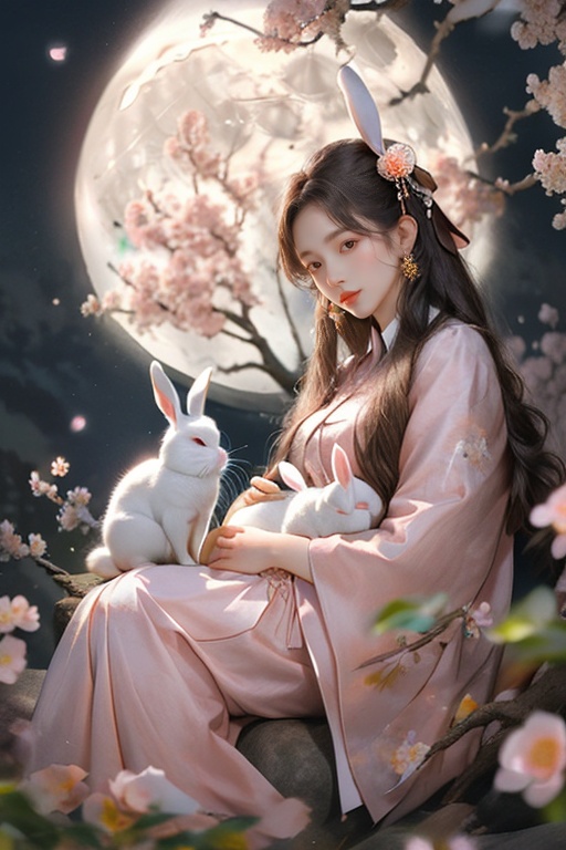 a woman sitting on a rock with a rabbit in her lap and a full moon in the background with pink flowers,<lora:cemx:1>,
