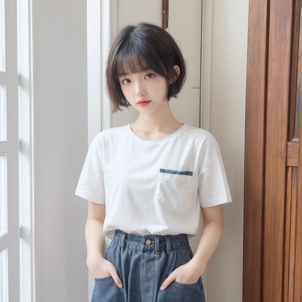 masterpiece, best quality, 32k, insane details, intricate details,,1girl, fashion photography, in style of angura kei，hime - cut, straight hair，in a minimalist Misasakan room，high-wistskirt，cllaredshirt，(short hair:1.4)，striped，blunt bangs，(Mole under eye:1.0),hand in pocket，flower，,<lora:meinv76:0.6>