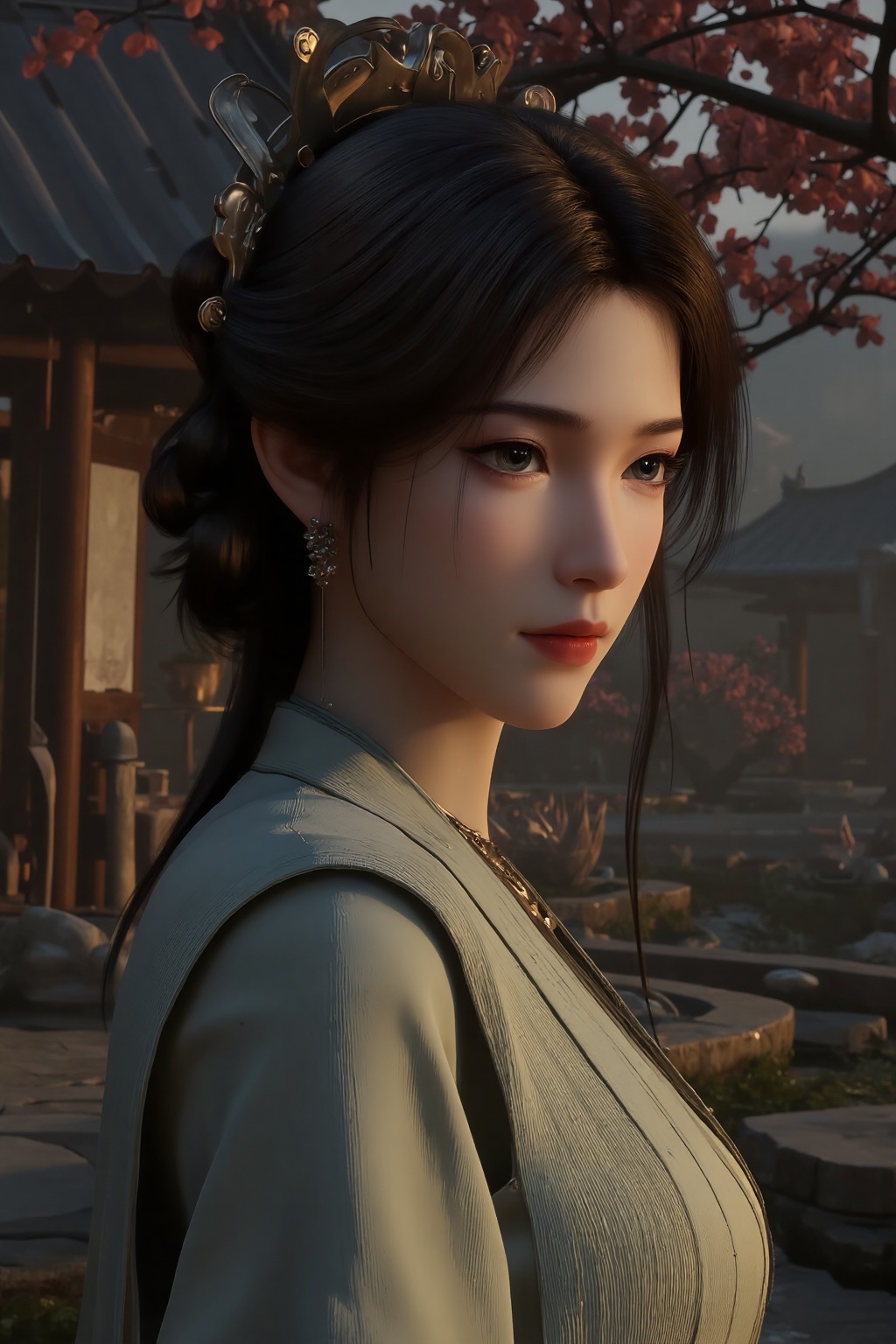 mn,mn,This is a highly detailed CGI rendering of a young Asian woman with fair skin and long,dark brown hair adorned with a silver hairpin. She wears an elegant,pale green kimono with intricate patterns,and a gold necklace with a pendant. The background features a rustic wooden interior with warm lighting,suggesting a traditional setting.,(((The scene is a serene ancient Chinese courtyard captured in a low-angle wide shot, where raindrops dynamically splash against stone pathways and lotus ponds in the foreground, creating ripples that reflect the soft glow of lanterns. The middle ground features traditional wooden pavilions with upturned eaves, their surfaces glistening under the rain, while wisps of mist drift between stone pillars and bonsai trees. In the background, beams of light pierce through the rain curtain, creating a Dramine effect that highlights the rain's texture and depth. The sky is a deep, moody gray, contrasting with the warm amber light spilling from paper lanterns, which casts elongated shadows and illuminates cascading rain in the air. The crimson petals of plum blossoms mingle with raindrops, adding vibrant splashes of color against the monochrome backdrop))),