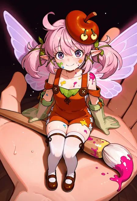 20yo,leanansidhemge, paint splatter, large paintbrush, pink hair, paint splatter on face, fairy, twintails, ahoge,vine ornaments, zettai ryouiki, pointy ears, hat, purple eyes, socks, butterfly wings, gradient wings, pink wings, apple beret, green gloves, see-through gloves, orange suspenders, brown mary janes, leaf ornaments,mini person,smile, foreshortening, dynamic angle, sitting,holding-fairy, giant hand, in palm, size difference, pov hands,blush, sweat,dark backgroundlooking at viewer, detailed background, volumetric lighting, dynamic shadows,masterpiece, best quality, amazing quality, absurdres, very aesthetic,<lora:StS-Illustrious-Detail-Slider-v1.0:3> <lora:illustrious_quality_modifiers_masterpieces_v1:0.5> <lora:fairymge2-000008:1>