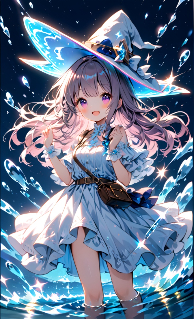 1girl,solo,hat,dress,witch hat,water,long hair,smile,white dress,bag,open mouth,looking at viewer,blush,hands up,bangs,standing,:d,wading,white headwear,bare shoulders,breasts,night,purple eyes,sparkle,wrist cuffs,shoulder bag,belt,outdoors,floating hair,pouch,frills,sky,grey hair,hat bow,bow,small breasts,