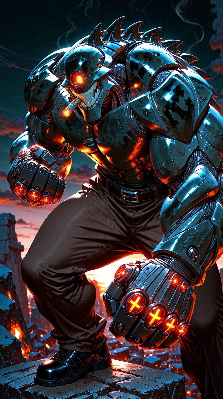 A cyborg with a cybernetic eye stands in a fighting stance. His body is completely made of metal,  black metal. Black shin...