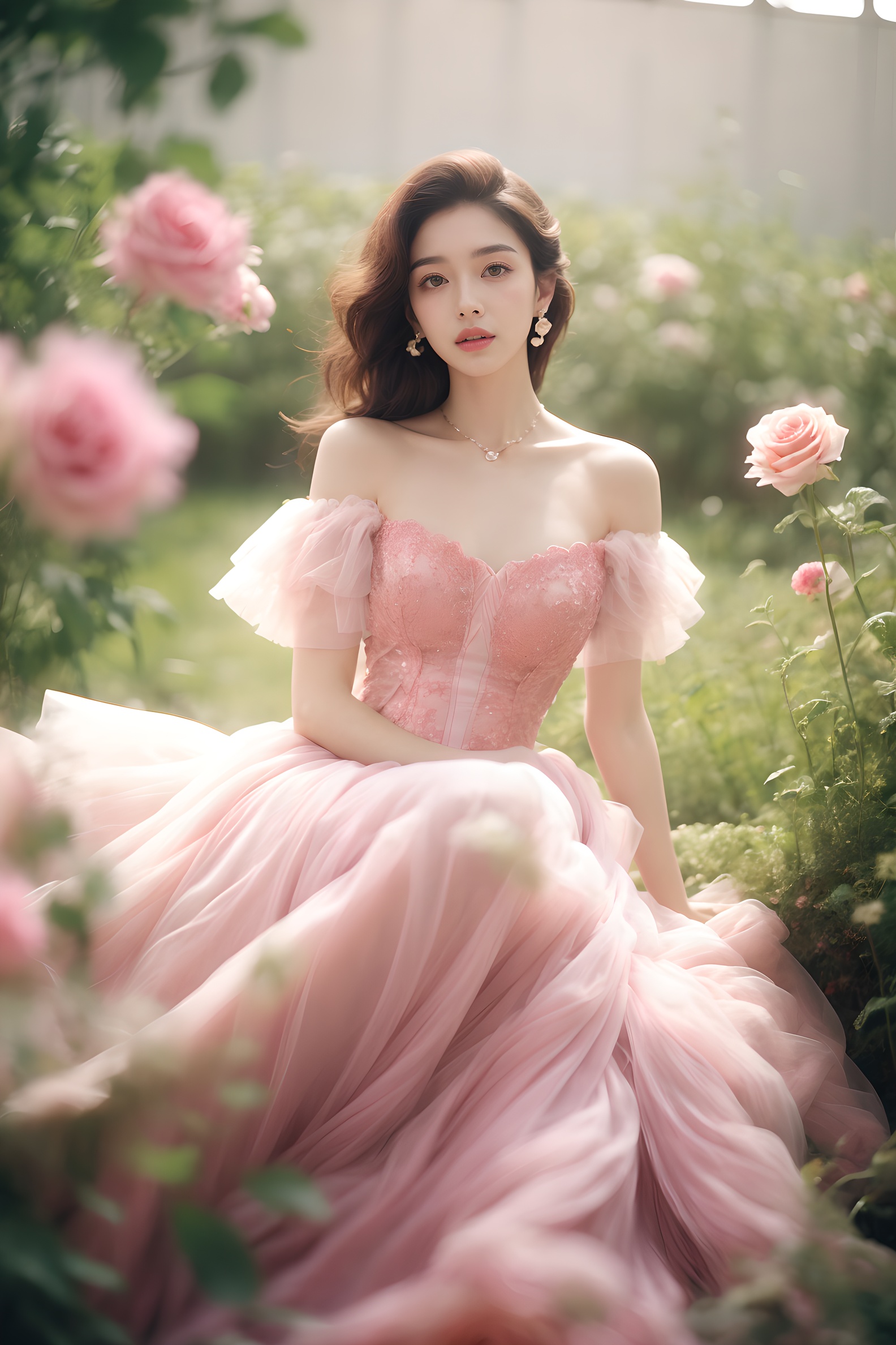1girl, dress, flower, solo, brown hair, pink dress, sitting, rose, plant, long hair, blurry, bare shoulders, pink flower, jewelry, pink rose, necklace, depth of field, off-shoulder dress, parted lips, off shoulder, breasts, looking at viewer, collarbone, lips, vines, strapless, princess, strapless dress, blurry foreground, full body, earrings , <lora:wlqc_20230821082603:0.7>
