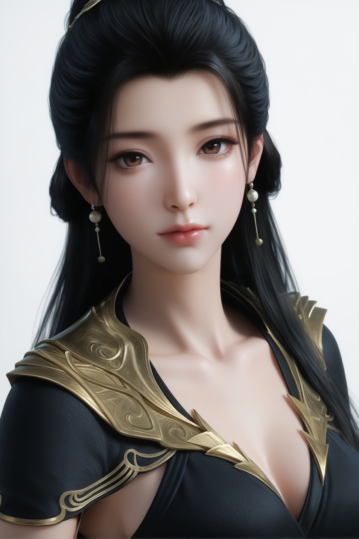 masterpiece,best quality,realistic,cinematic,detail eyes,(ultra-detailed),perfect composition,intricate details,absurdres,detailed face,high quality,high res,8K,<lora:X_yanruyan_IL3.0:0.8>,black hair,brown eyes,1girl,long hair,breast,medium breast,hair_ornament,dress,black dress,simple background,white_background,
