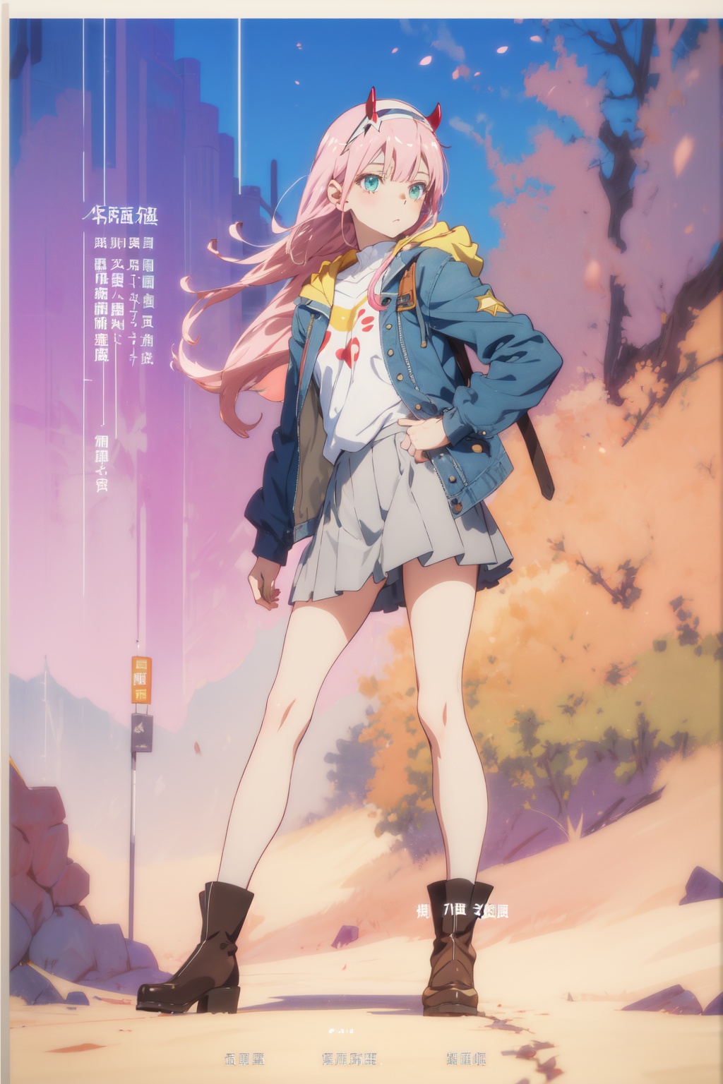 1girl,looking at viewer,solo,anime coloring,long hair,pink hair,straight hair,bangs,white hairband,horns,green eyes,eyeshadow,02_CYQL,<lora:02:0.8:lbw=MIDD>,Denim jacket, mini skirt, and ankle boots,(blush on side portrait foreshortening:1.1),beautiful face,beautiful eyes,glossy skin,shiny skin,Rainbow, Rain, Colors, Sky, Horizon, Beauty, Serenity, Magic,Desert wildflowers, Arid landscape, Desert bloom, Colorful desert, Springtime explosion, Desert oasis,beautiful detailed sky,beautiful detailed glow,(movie poster:1.2),(border:1.3),(English text:1.4),posing in front of a colorful and dynamic background,masterpiece,best quality,beautiful and aesthetic,contrapposto,female focus,fine fabric emphasis,wallpaper,fashion,depth of field,intricate_detail,finely_detailed,fine_fabric_emphasis,glossy,<lora:增强减少细节add_detail:0.4>,