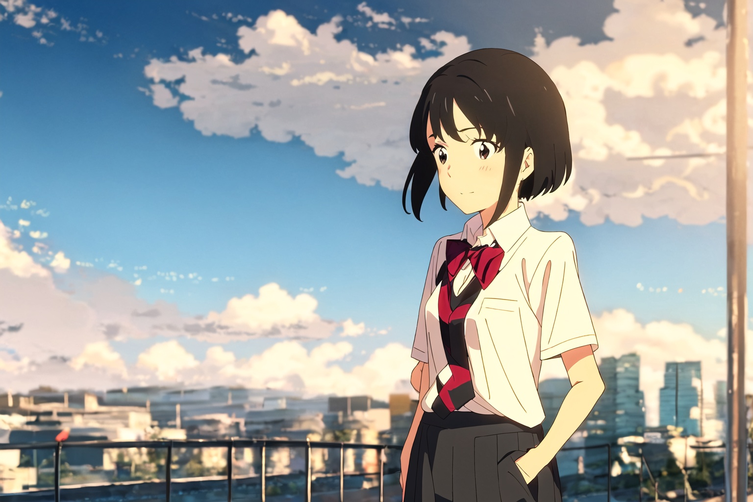 dream, New Haicheng Animation Style, 1girl, short hair, blue eyes, skirt, brown hair, shirt, black hair, 1boy, bow, ribbon, brown eyes, school uniform, standing, white shirt, short sleeves, pleated skirt, outdoors, necktie, sky, shoes, day, socks, striped, pants, cloud, bowtie, black skirt, looking at another, red bow, red ribbon, tree, blue sky, kneehighs, cloudy sky, black socks, building, red bowtie, scenery, hand in pocket, striped bow, hands in pockets, striped necktie, diffraction spikes, miyamizu mitsuha