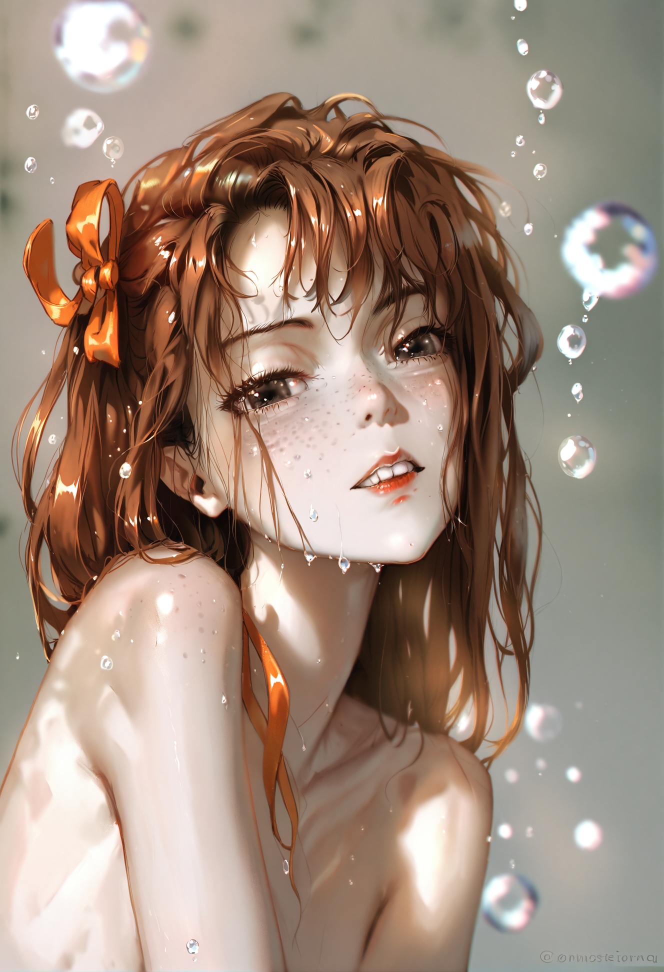 masterpiece, best quality,1girl,   solo, long hair, bubble, water drop, air bubble, blurry, 背景, floating hair, nude, bare shoulders, teeth, freckles, hair ribbon, brown hair, portrait, wet, looking afar, blurry background, twitter username, red lips, collarbone, eyelashes, convenient censoring, completely nude, parted lips, head tilt, black eyes, ribbon, orange ribbon, lips, realistic, swept bangs <lora:DInoballXLlokr8f-000185:0.95>